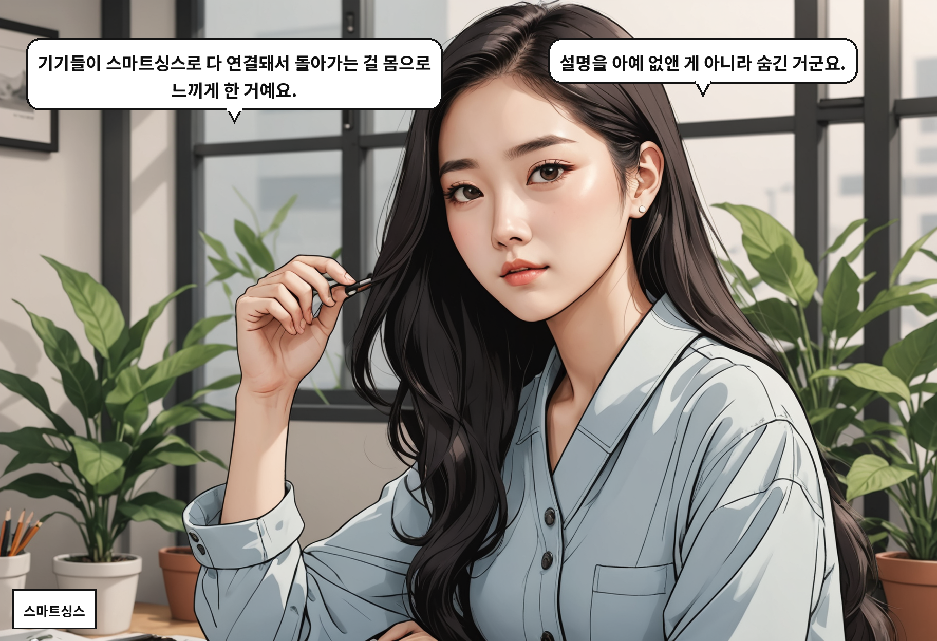 B: 기기들이 스마트싱스로 다 연결돼서 돌아가는 걸 몸으로 느끼게 한 거예요. A: 설명을 아예 없앤 게 아니라 숨긴 거군요.