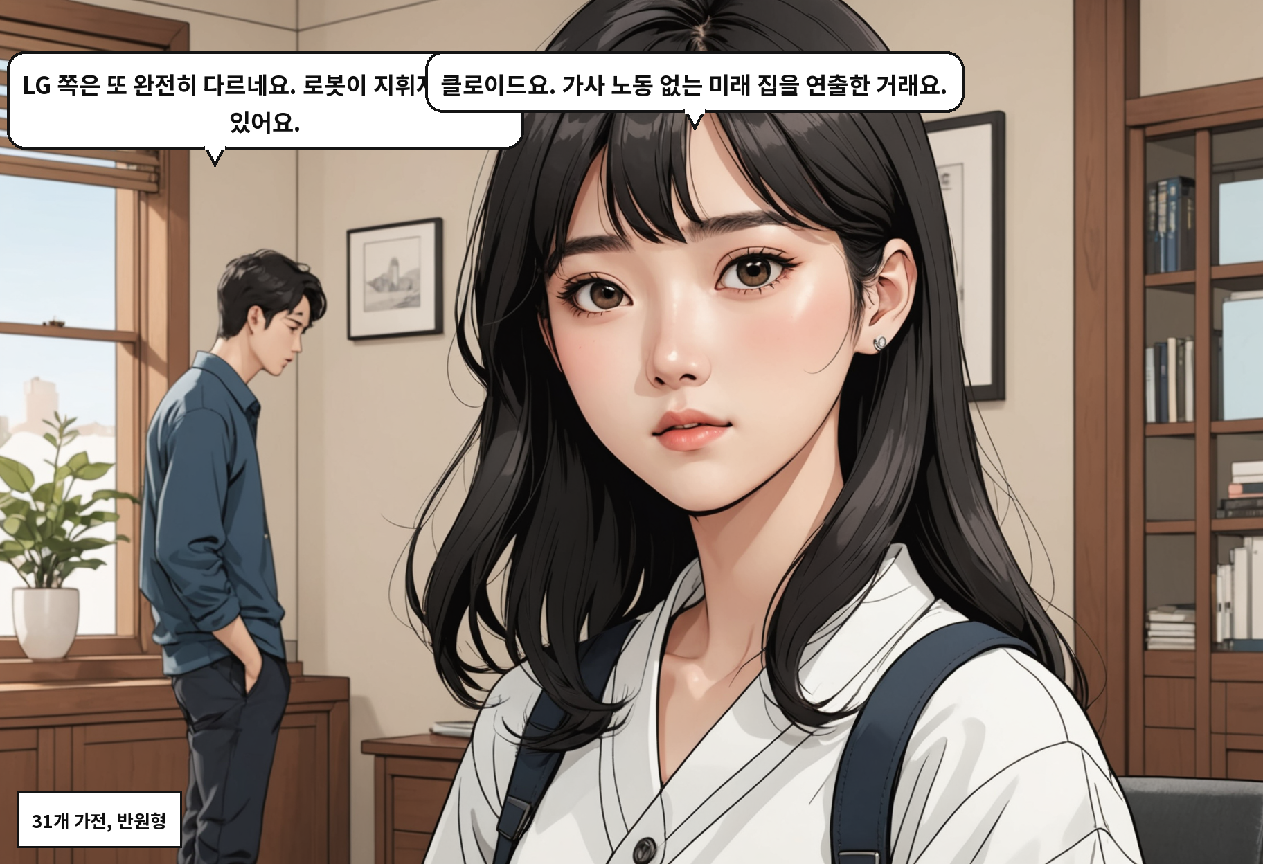 A: LG 쪽은 또 완전히 다르네요. 로봇이 지휘자처럼 서 있어요. B: 클로이드요. 가사 노동 없는 미래 집을 연출한 거래요.
