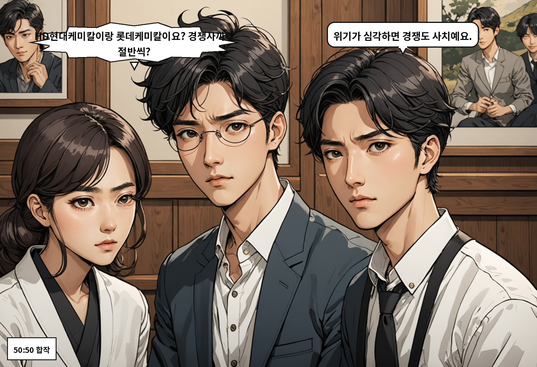 A: HD현대케미칼이랑 롯데케미칼이요? 경쟁사끼리 절반씩? B: 위기가 심각하면 경쟁도 사치예요.