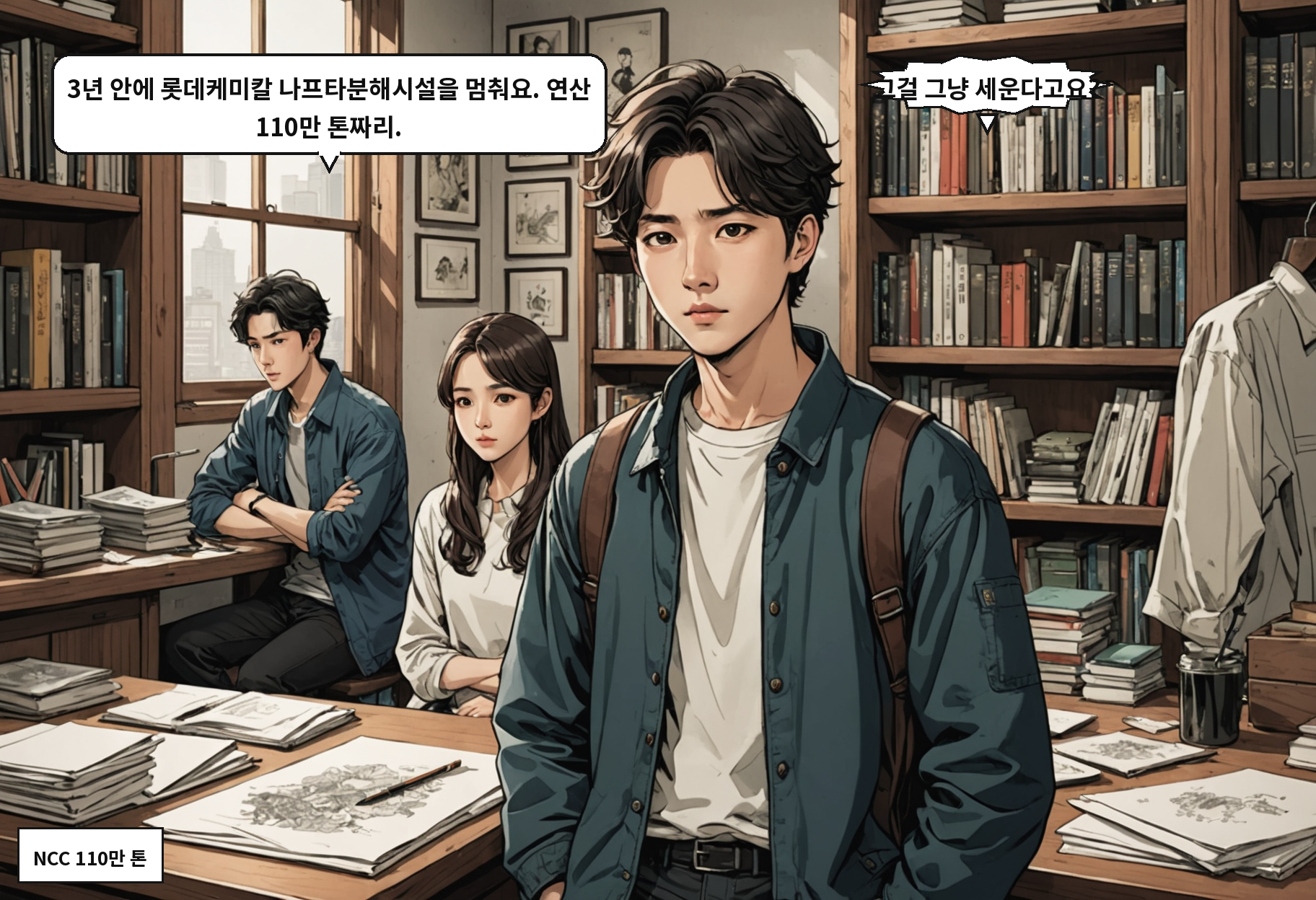 B: 3년 안에 롯데케미칼 나프타분해시설을 멈춰요. 연산 110만 톤짜리. A: 그걸 그냥 세운다고요?