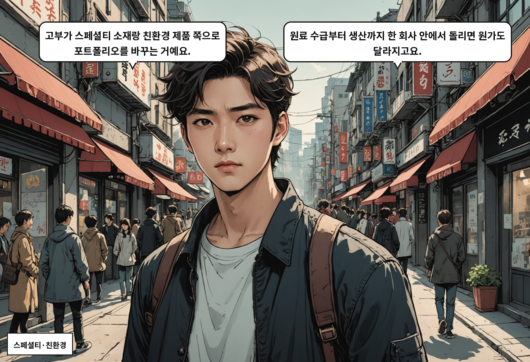 B: 고부가 스페셜티 소재랑 친환경 제품 쪽으로 포트폴리오를 바꾸는 거예요. A: 원료 수급부터 생산까지 한 회사 안에서 돌리면 원가도 달라지고요.