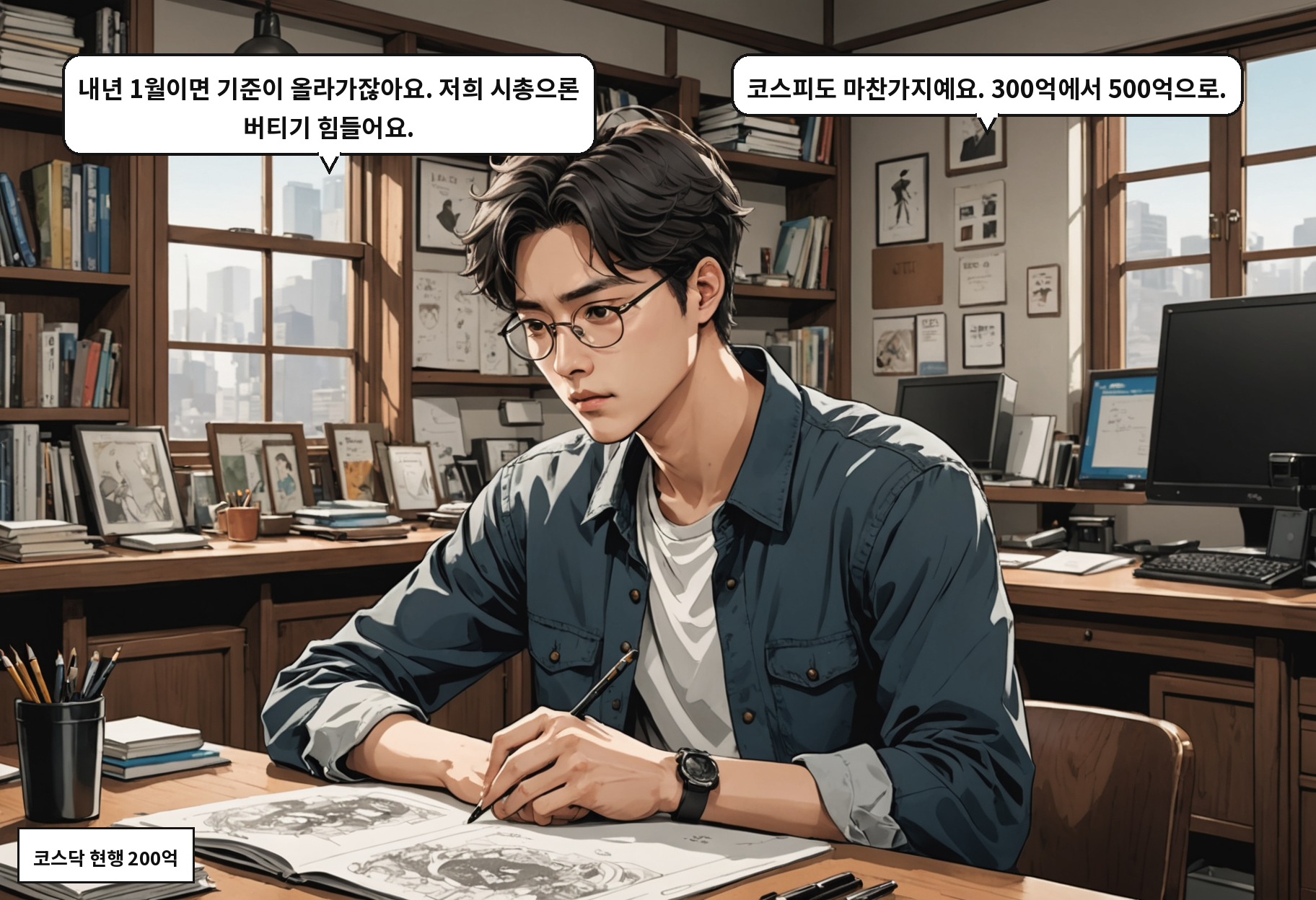 B: 내년 1월이면 기준이 올라가잖아요. 저희 시총으론 버티기 힘들어요. A: 코스피도 마찬가지예요. 300억에서 500억으로.