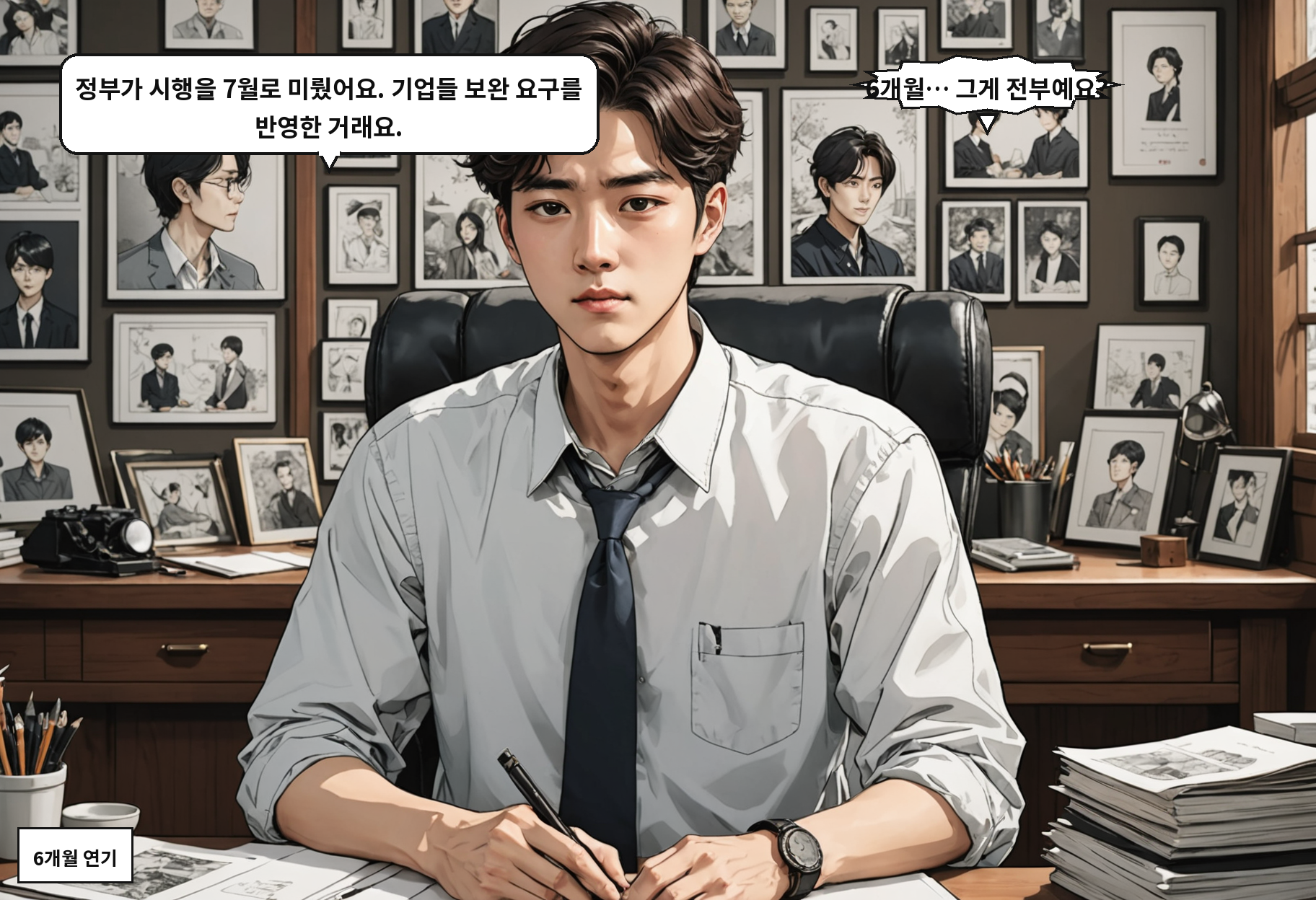 A: 정부가 시행을 7월로 미뤘어요. 기업들 보완 요구를 반영한 거래요. B: 6개월… 그게 전부예요?