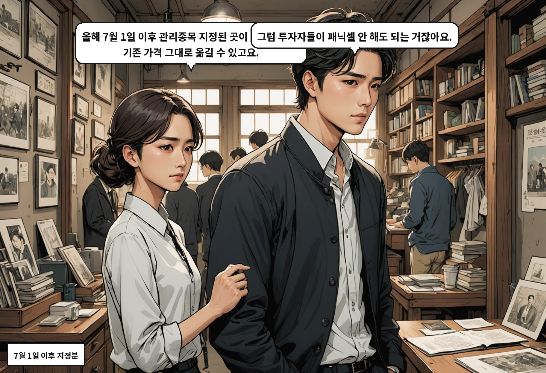 A: 올해 7월 1일 이후 관리종목 지정된 곳이 대상이에요. 기존 가격 그대로 옮길 수 있고요. B: 그럼 투자자들이 패닉셀 안 해도 되는 거잖아요.