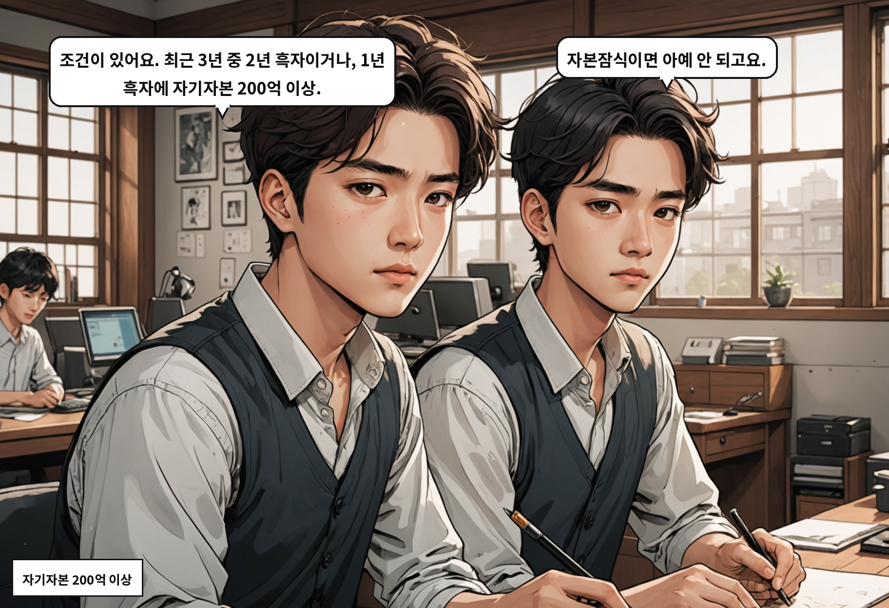 A: 조건이 있어요. 최근 3년 중 2년 흑자이거나, 1년 흑자에 자기자본 200억 이상. B: 자본잠식이면 아예 안 되고요.