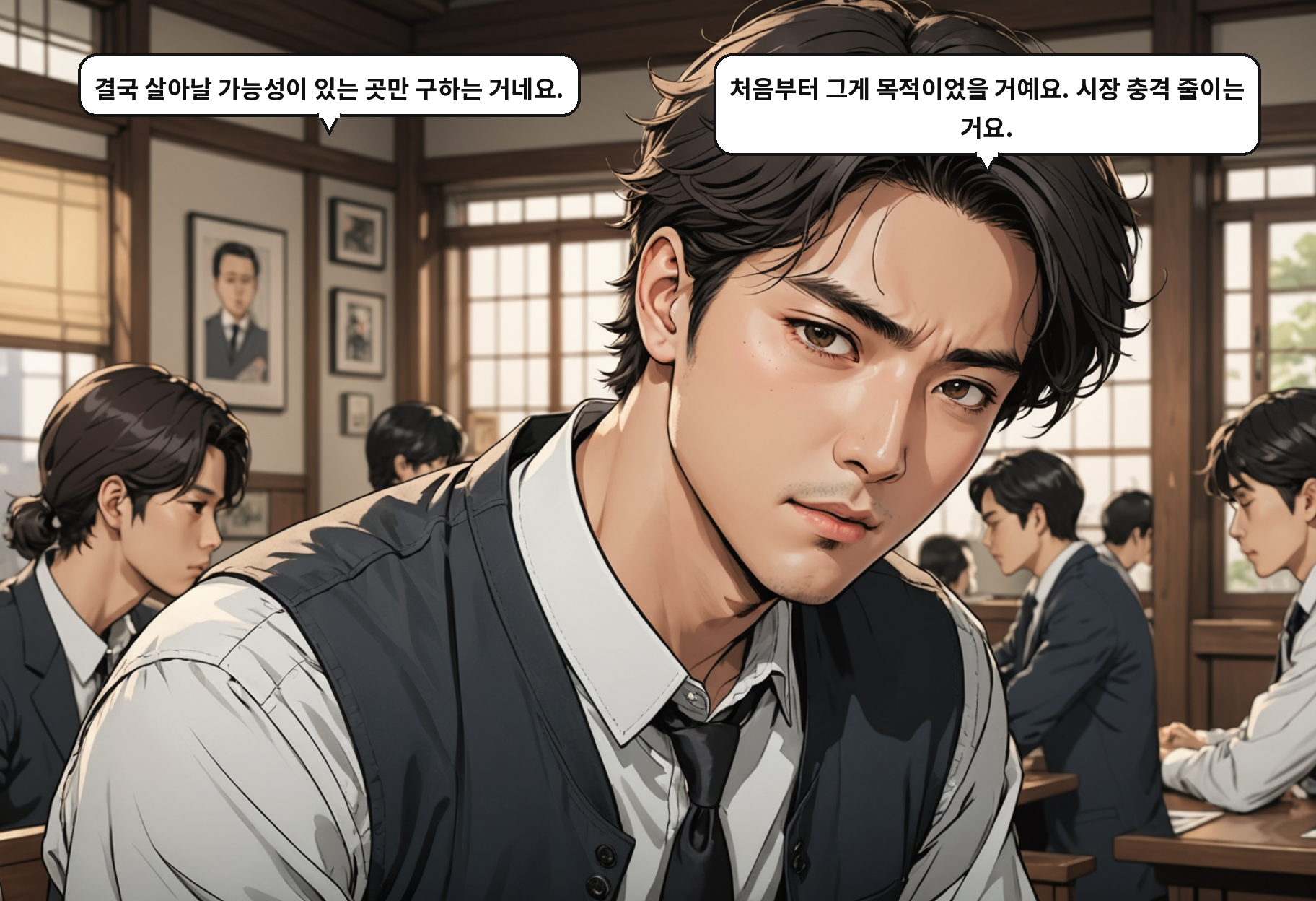 B: 결국 살아날 가능성이 있는 곳만 구하는 거네요. A: 처음부터 그게 목적이었을 거예요. 시장 충격 줄이는 거요.