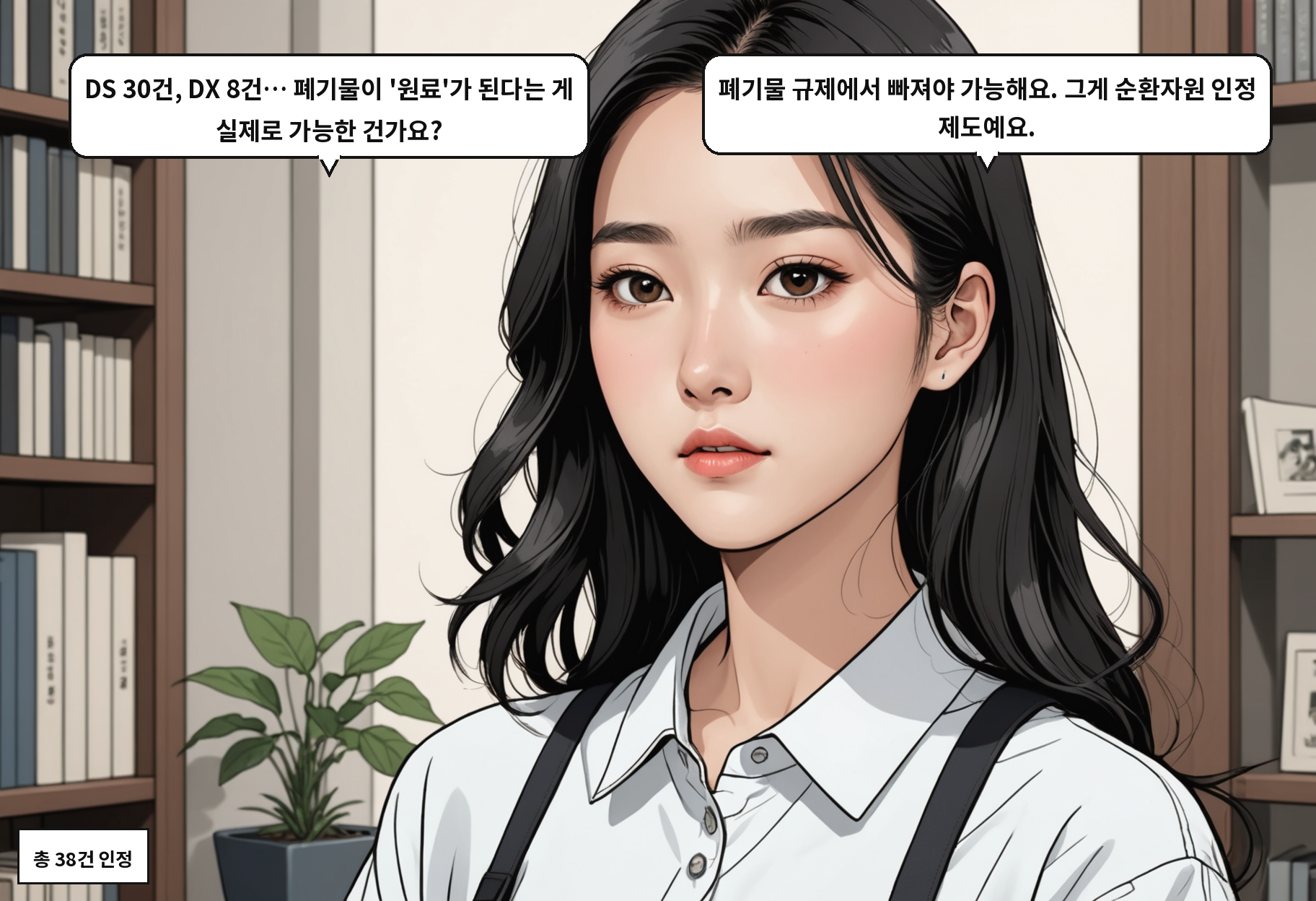 A: DS 30건, DX 8건… 폐기물이 '원료'가 된다는 게 실제로 가능한 건가요? B: 폐기물 규제에서 빠져야 가능해요. 그게 순환자원 인정 제도예요.