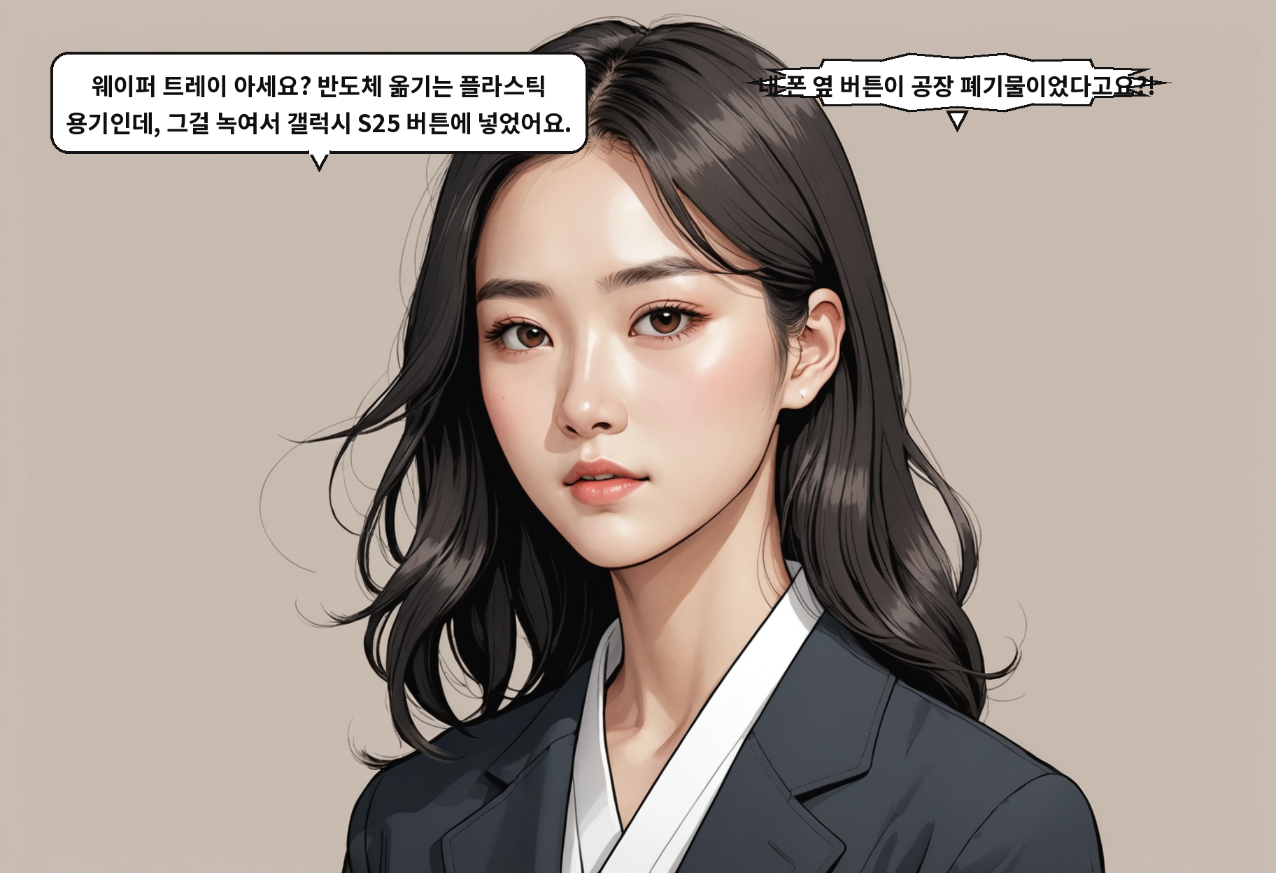 B: 웨이퍼 트레이 아세요? 반도체 옮기는 플라스틱 용기인데, 그걸 녹여서 갤럭시 S25 버튼에 넣었어요. A: 내 폰 옆 버튼이 공장 폐기물이었다고요?!