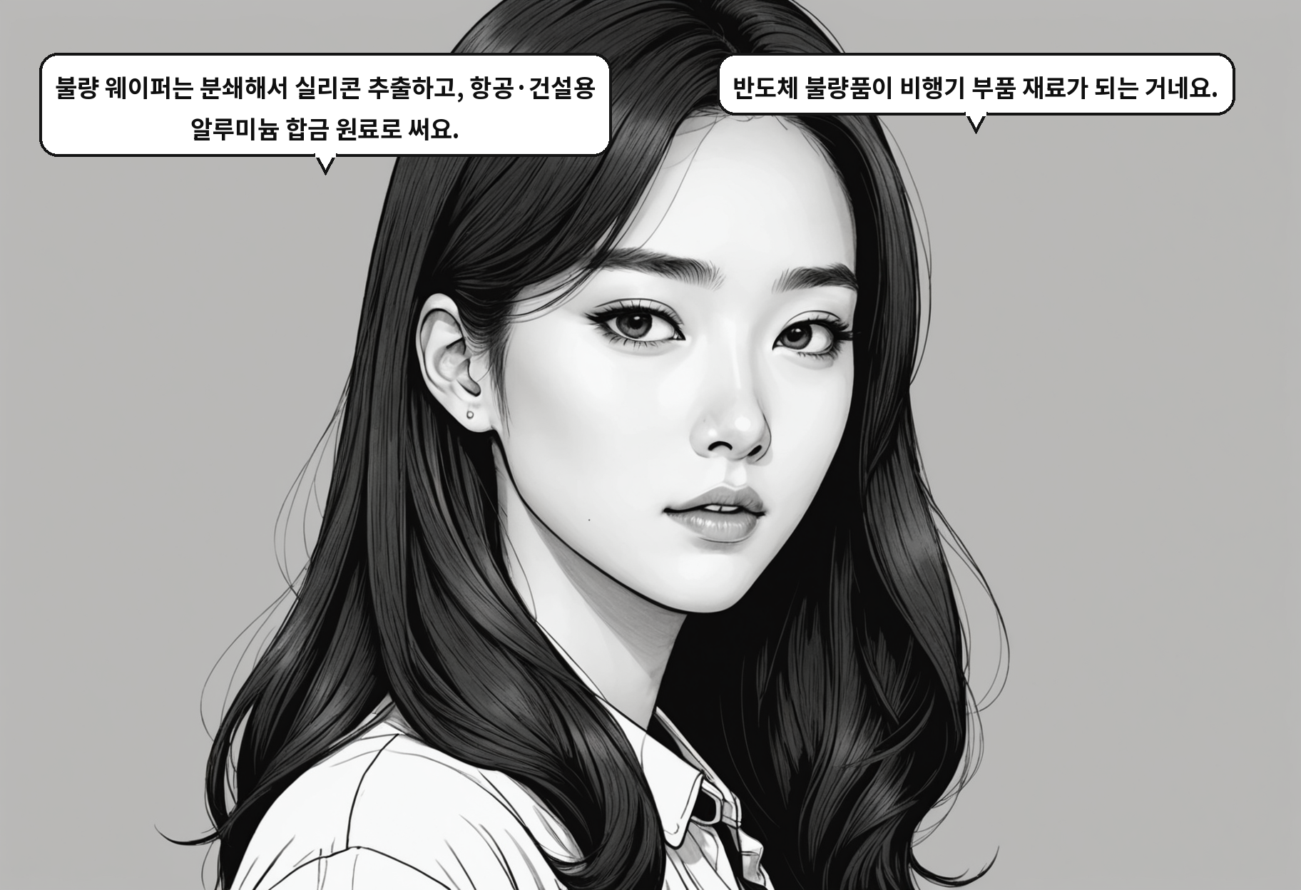 B: 불량 웨이퍼는 분쇄해서 실리콘 추출하고, 항공·건설용 알루미늄 합금 원료로 써요. A: 반도체 불량품이 비행기 부품 재료가 되는 거네요.
