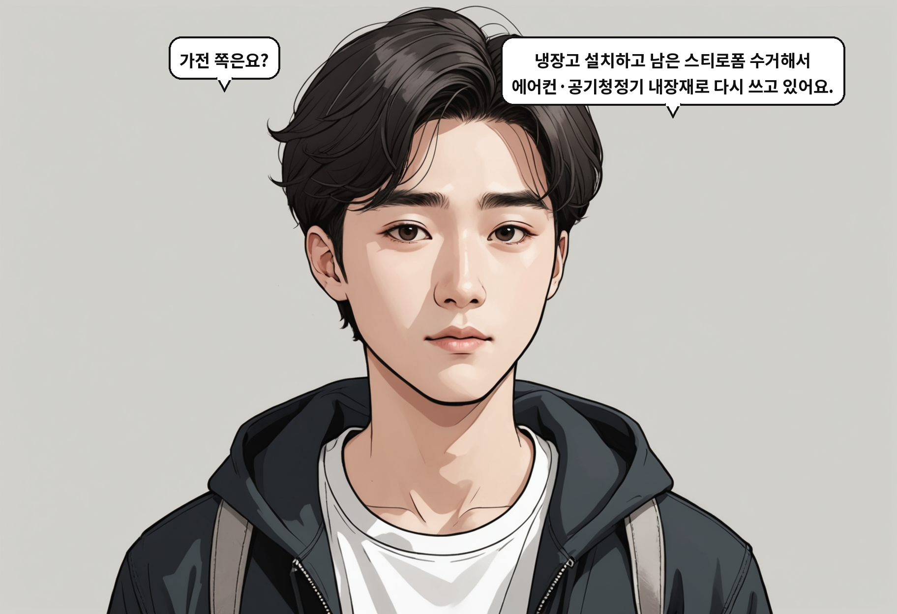 A: 가전 쪽은요? B: 냉장고 설치하고 남은 스티로폼 수거해서 에어컨·공기청정기 내장재로 다시 쓰고 있어요.