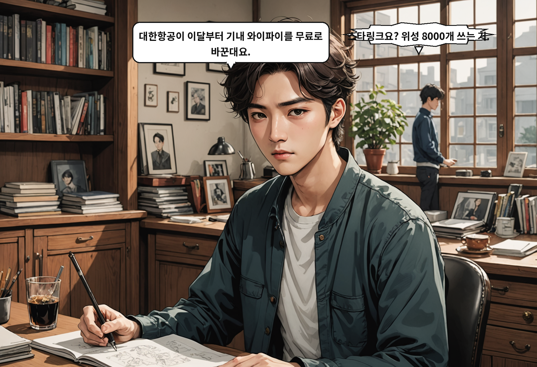 A: 대한항공이 이달부터 기내 와이파이를 무료로 바꾼대요. B: 스타링크요? 위성 8000개 쓰는 거.
