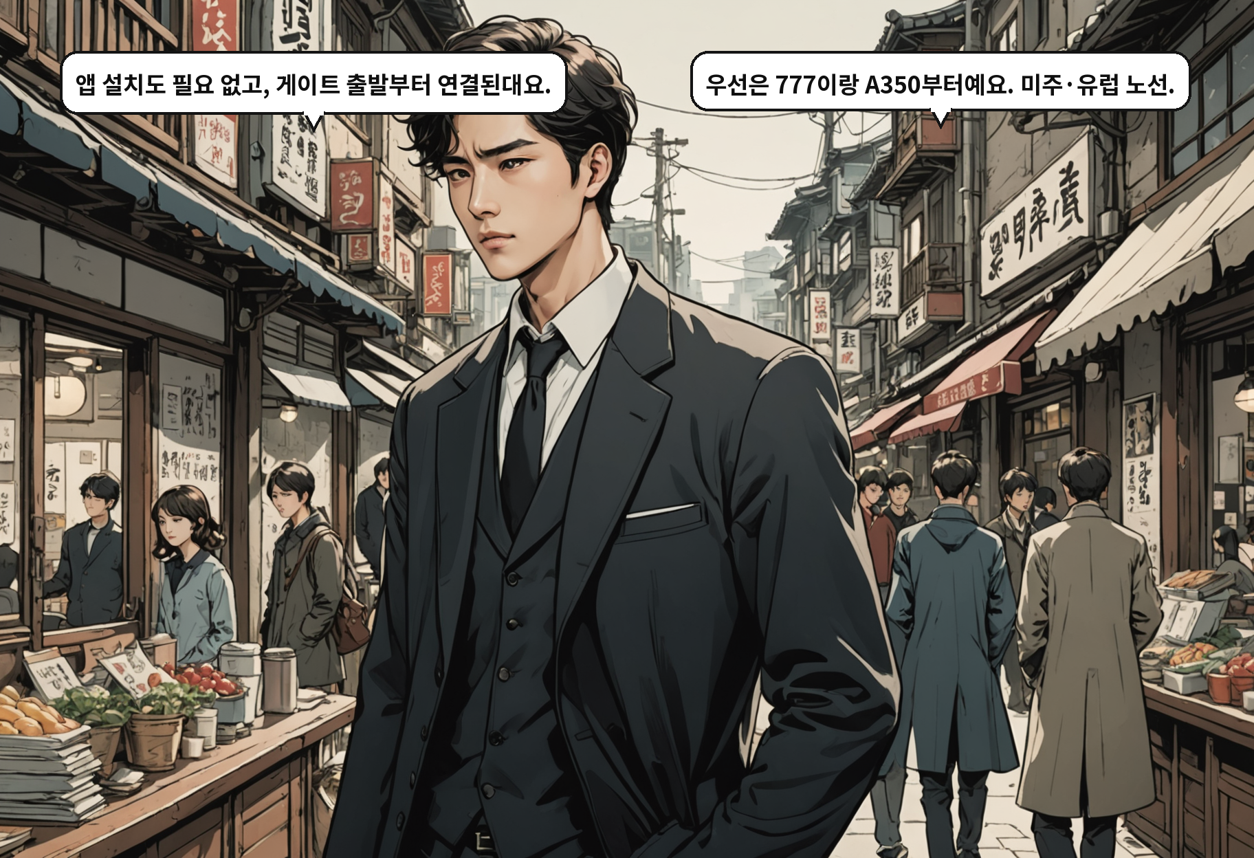 A: 앱 설치도 필요 없고, 게이트 출발부터 연결된대요. B: 우선은 777이랑 A350부터예요. 미주·유럽 노선.