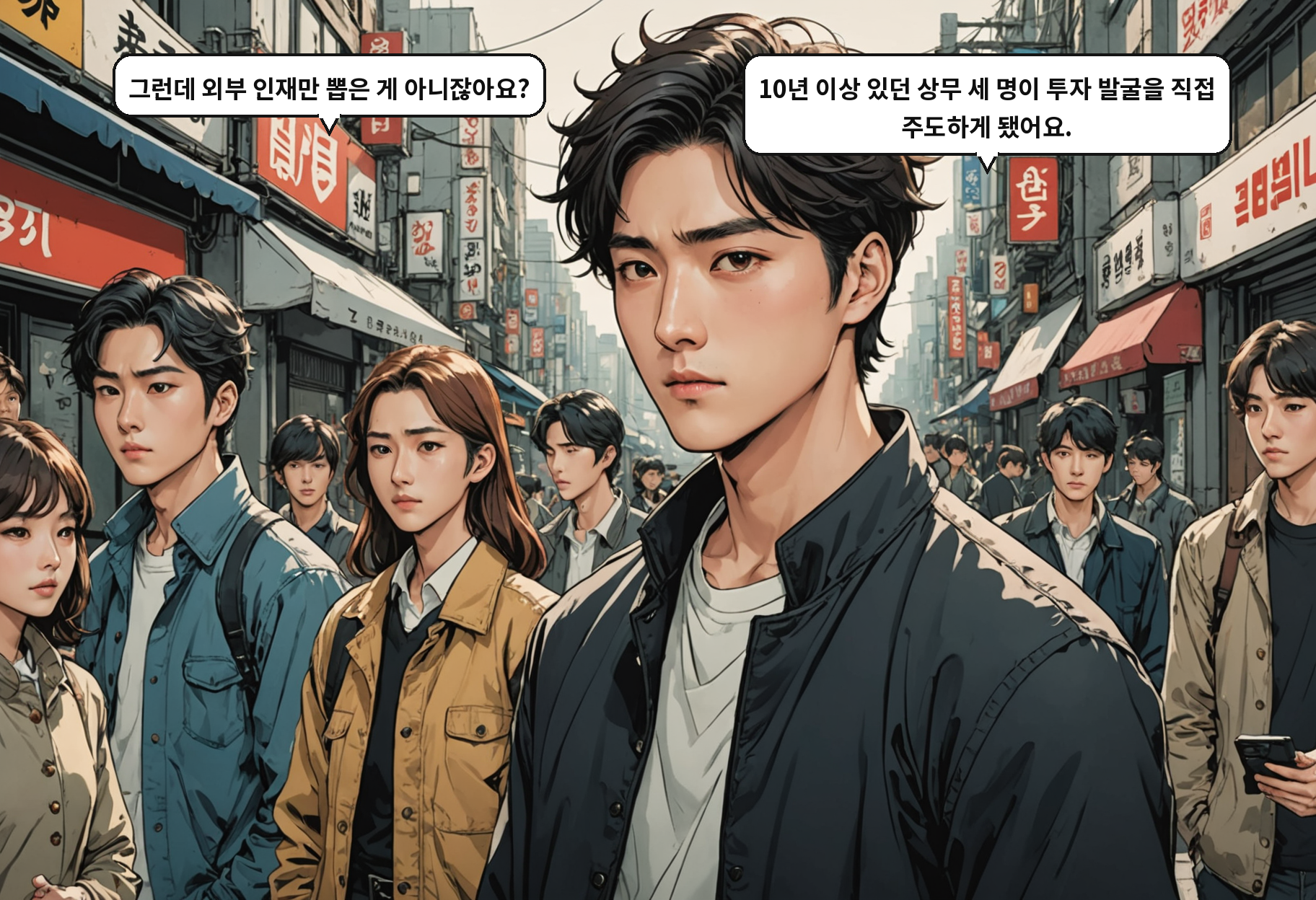 A: 그런데 외부 인재만 뽑은 게 아니잖아요? B: 10년 이상 있던 상무 세 명이 투자 발굴을 직접 주도하게 됐어요.