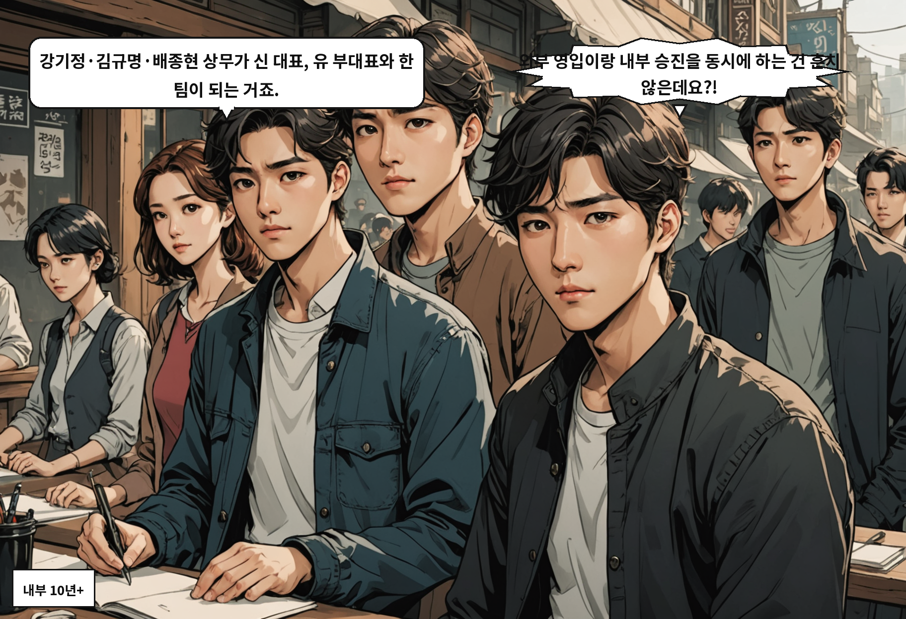 B: 강기정·김규명·배종현 상무가 신 대표, 유 부대표와 한 팀이 되는 거죠. A: 외부 영입이랑 내부 승진을 동시에 하는 건 흔치 않은데요?!