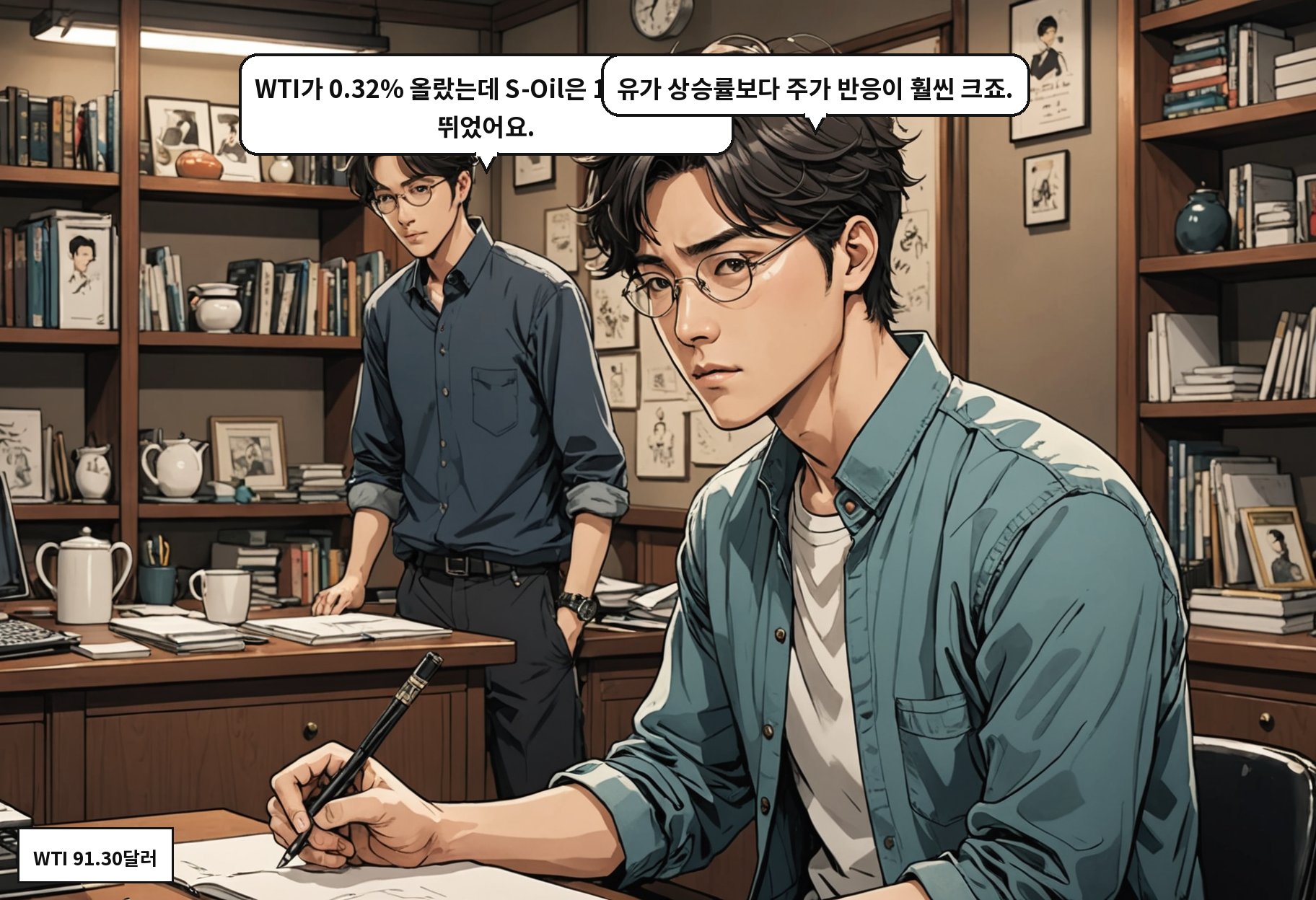 A: WTI가 0.32% 올랐는데 S-Oil은 10% 가까이 뛰었어요. B: 유가 상승률보다 주가 반응이 훨씬 크죠.