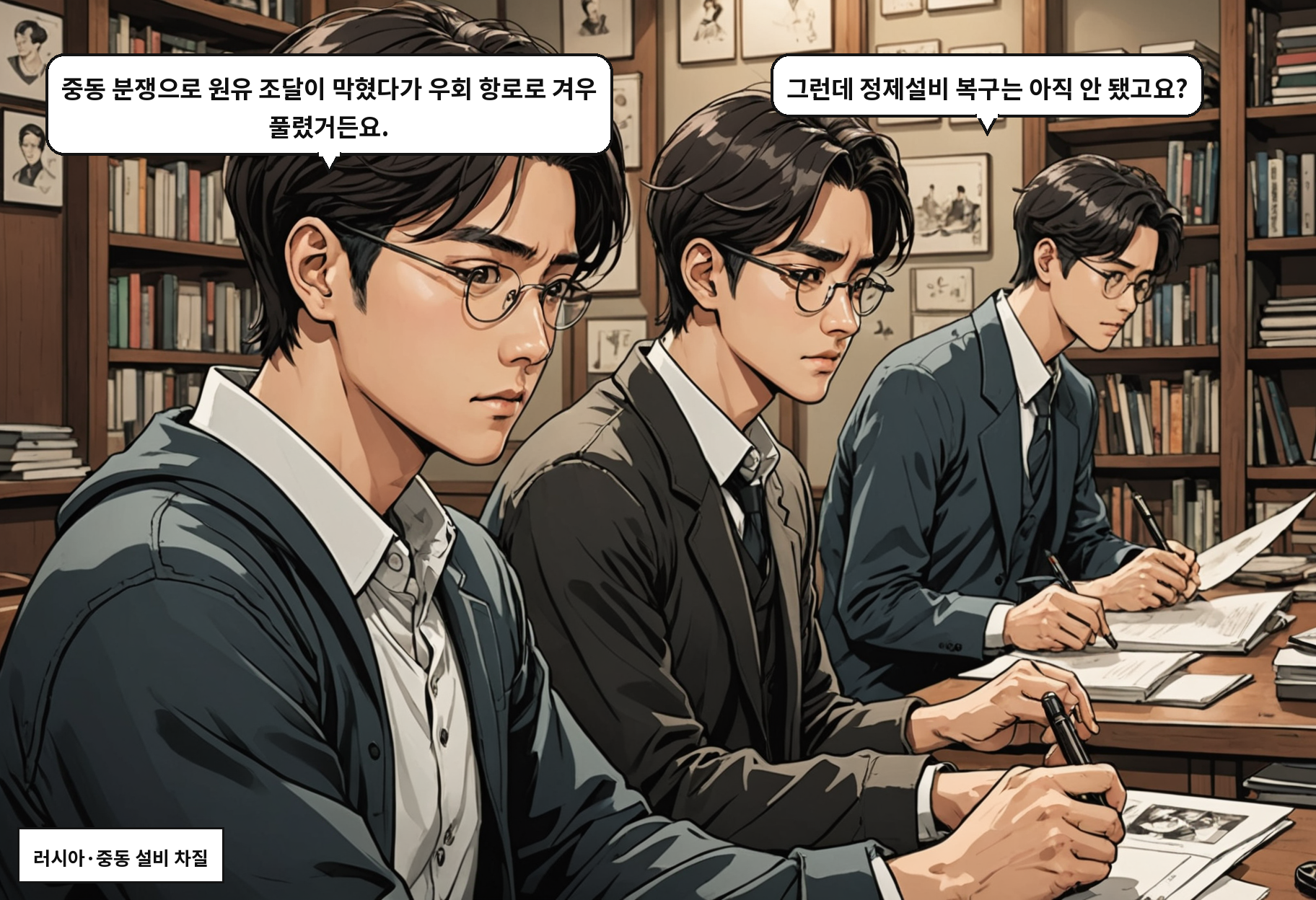 B: 중동 분쟁으로 원유 조달이 막혔다가 우회 항로로 겨우 풀렸거든요. A: 그런데 정제설비 복구는 아직 안 됐고요?