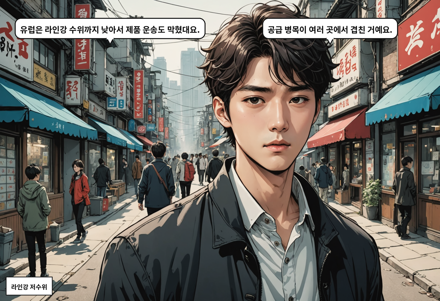 A: 유럽은 라인강 수위까지 낮아서 제품 운송도 막혔대요. B: 공급 병목이 여러 곳에서 겹친 거예요.
