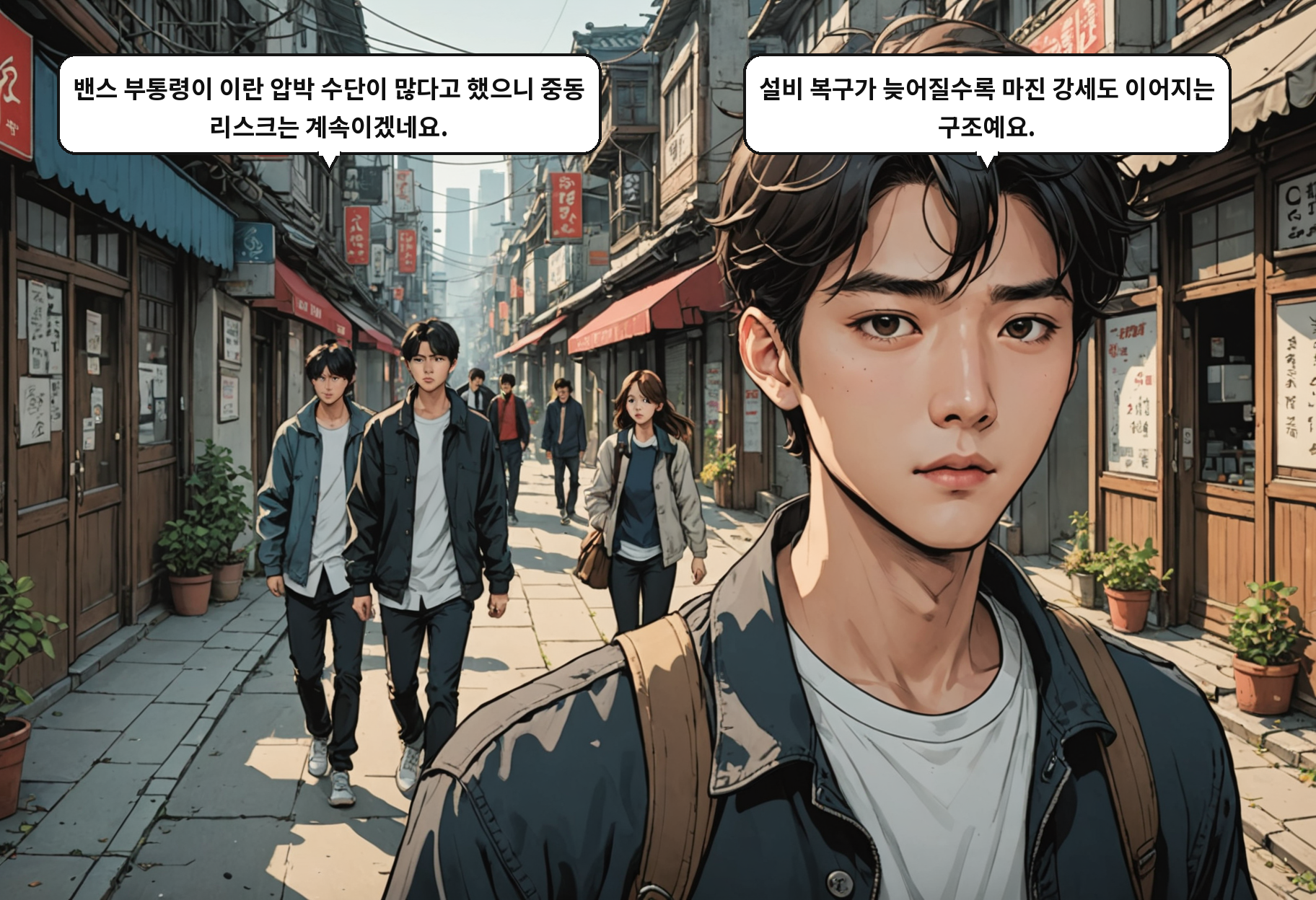 A: 밴스 부통령이 이란 압박 수단이 많다고 했으니 중동 리스크는 계속이겠네요. B: 설비 복구가 늦어질수록 마진 강세도 이어지는 구조예요.