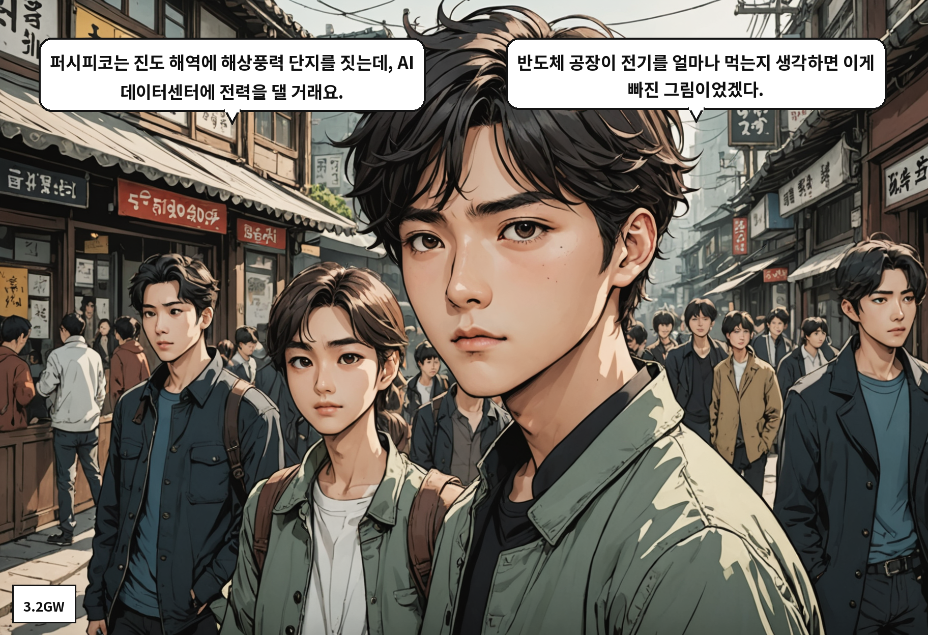 A: 퍼시피코는 진도 해역에 해상풍력 단지를 짓는데, AI 데이터센터에 전력을 댈 거래요. B: 반도체 공장이 전기를 얼마나 먹는지 생각하면 이게 빠진 그림이었겠다.