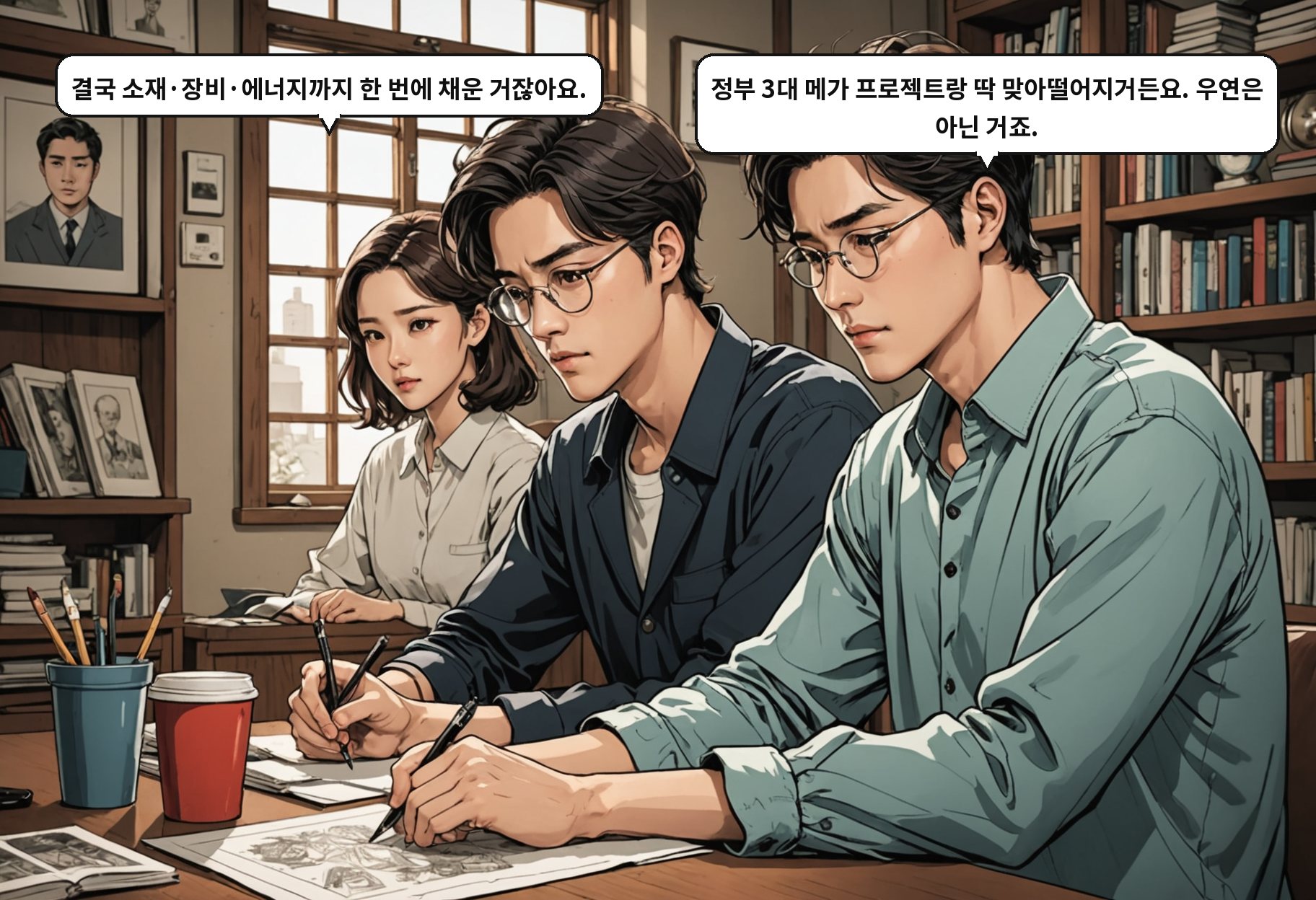 B: 결국 소재·장비·에너지까지 한 번에 채운 거잖아요. A: 정부 3대 메가 프로젝트랑 딱 맞아떨어지거든요. 우연은 아닌 거죠.