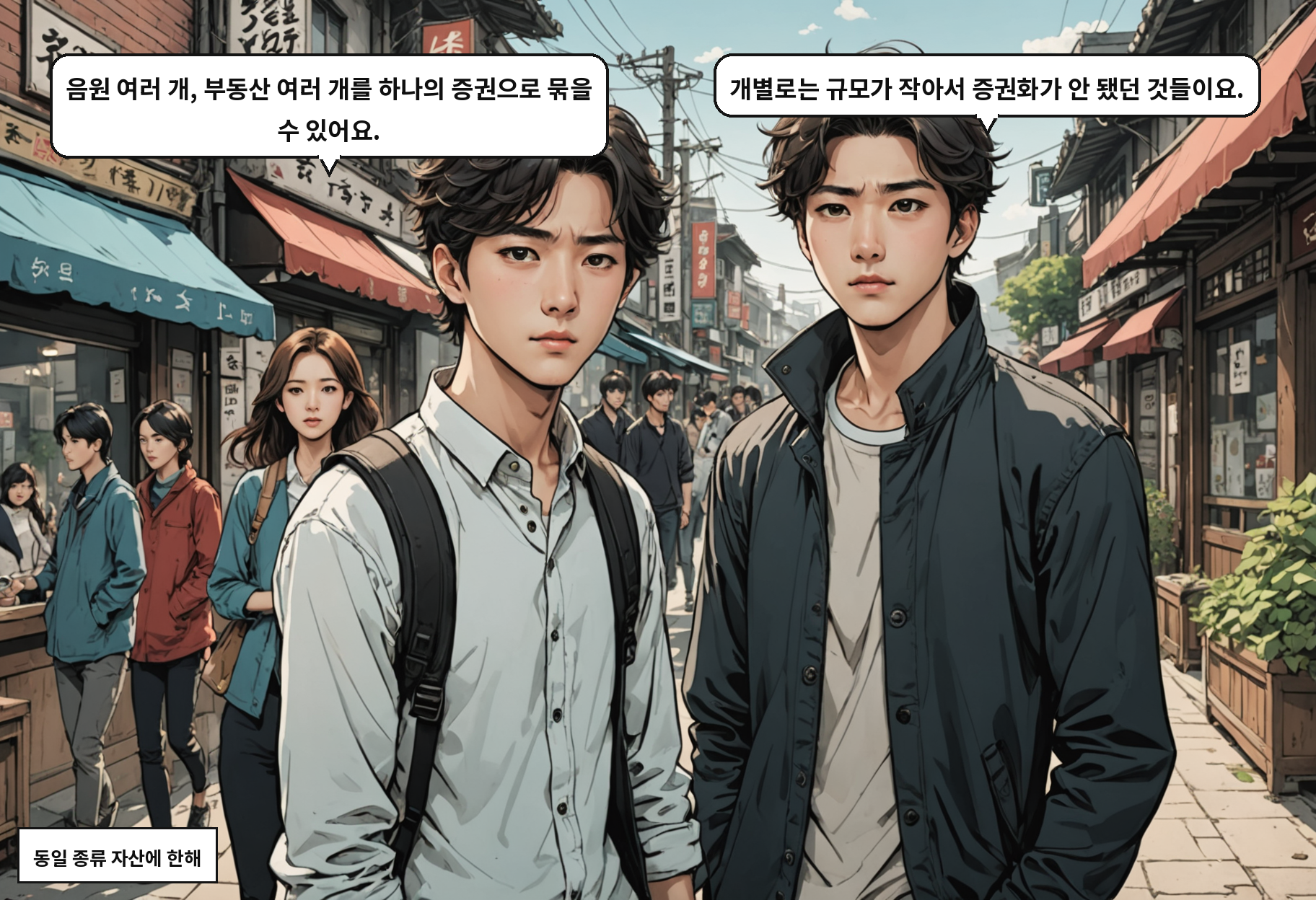 A: 음원 여러 개, 부동산 여러 개를 하나의 증권으로 묶을 수 있어요. B: 개별로는 규모가 작아서 증권화가 안 됐던 것들이요.