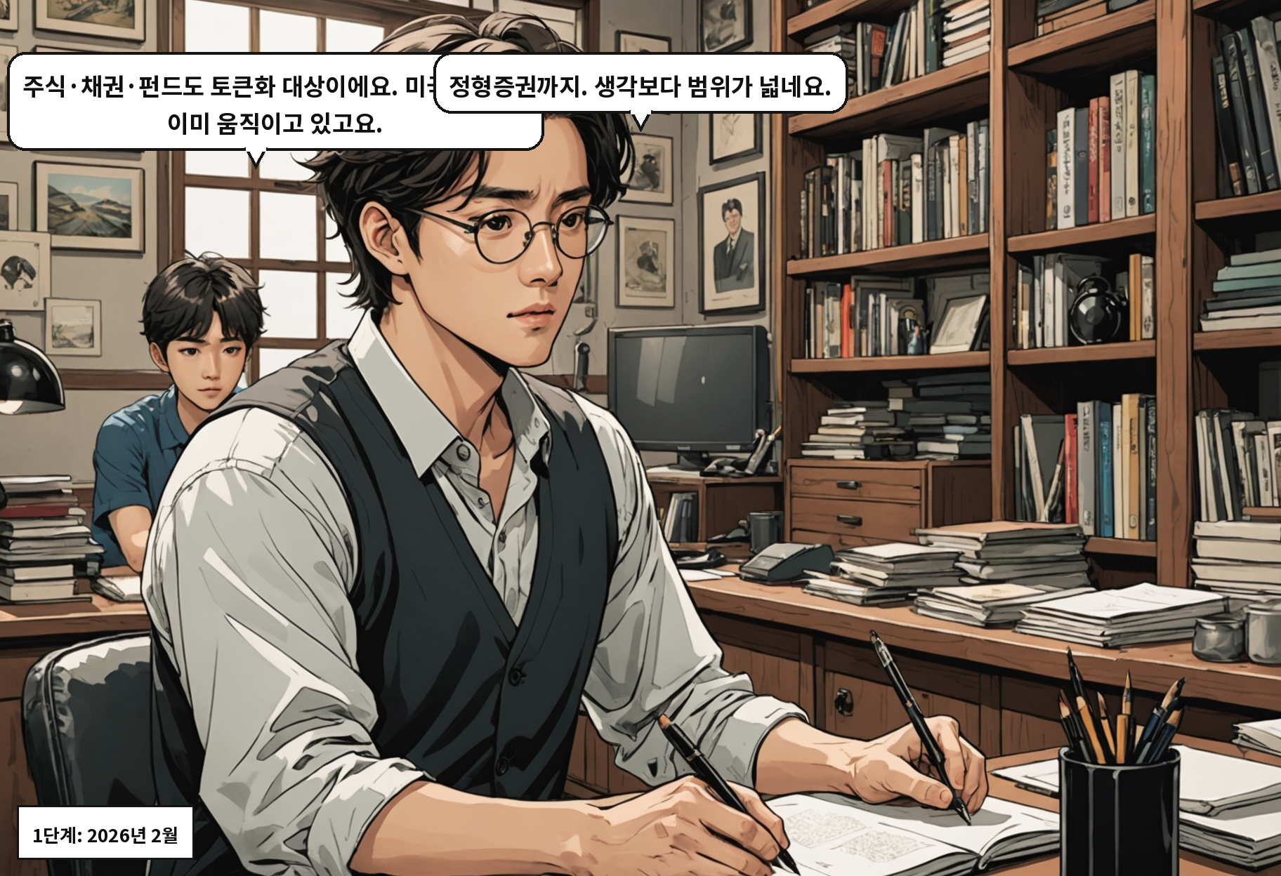A: 주식·채권·펀드도 토큰화 대상이에요. 미국·홍콩도 이미 움직이고 있고요. B: 정형증권까지. 생각보다 범위가 넓네요.