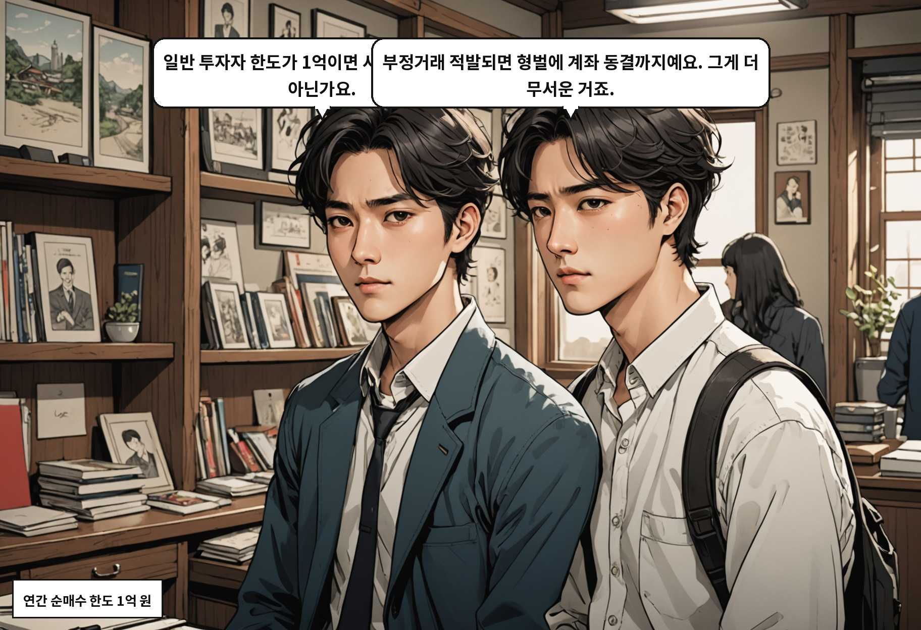B: 일반 투자자 한도가 1억이면 사실상 소액 제한 아닌가요. A: 부정거래 적발되면 형벌에 계좌 동결까지예요. 그게 더 무서운 거죠.