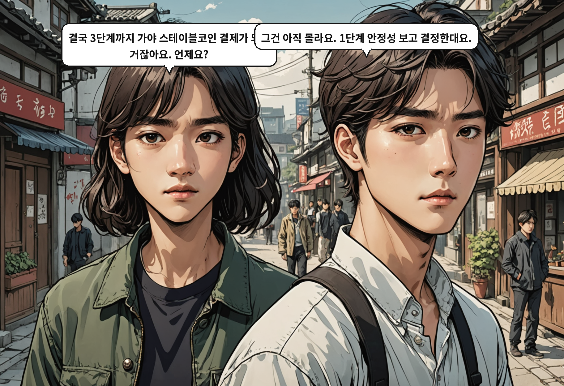B: 결국 3단계까지 가야 스테이블코인 결제가 되는 거잖아요. 언제요? A: 그건 아직 몰라요. 1단계 안정성 보고 결정한대요.
