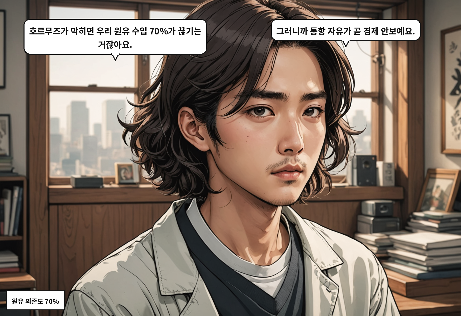 A: 호르무즈가 막히면 우리 기름의 70%가 끊기는 거잖아요. B: 그러니까 통항 자유가 국익이라는 거죠.