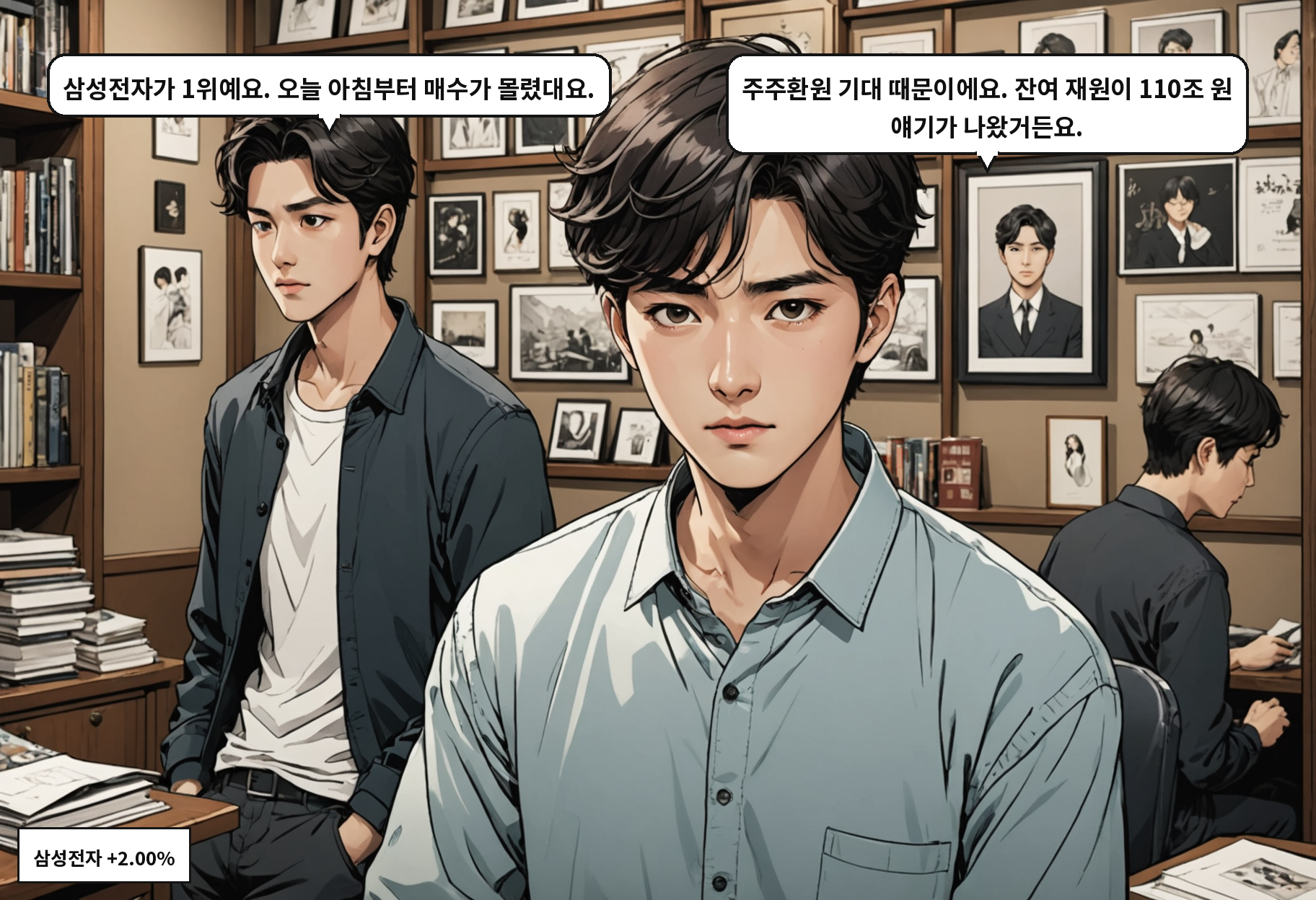 B: 삼성전자가 1위예요. 오늘 아침부터 매수가 몰렸대요. A: 주주환원 기대 때문이에요. 잔여 재원이 110조 원 얘기가 나왔거든요.