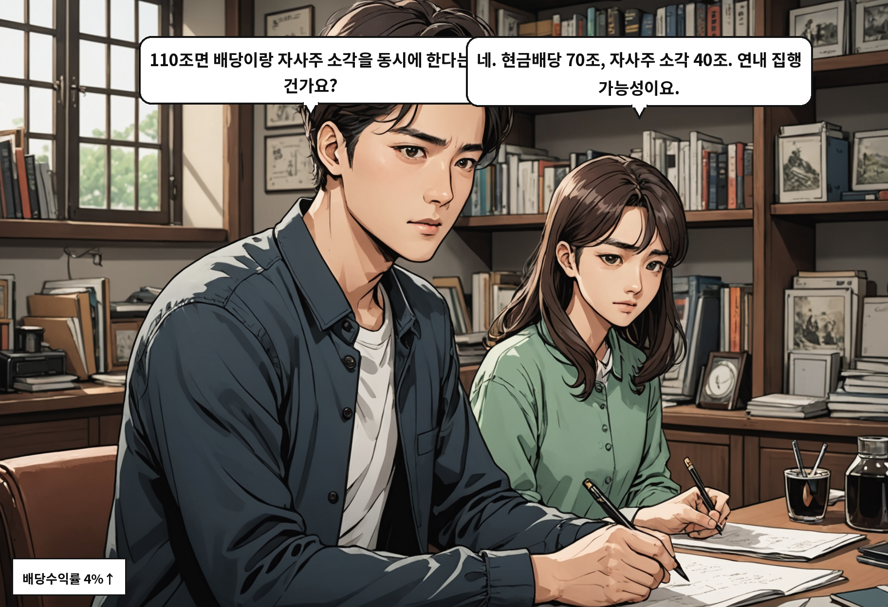 B: 110조면 배당이랑 자사주 소각을 동시에 한다는 건가요? A: 네. 현금배당 70조, 자사주 소각 40조. 연내 집행 가능성이요.