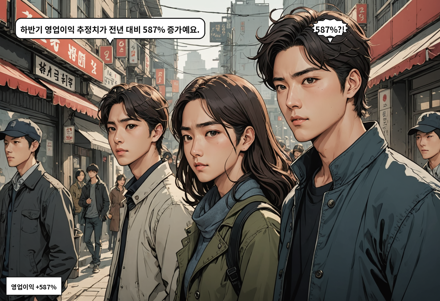 A: 하반기 영업이익 추정치가 전년 대비 587% 증가예요. B: 587%?!