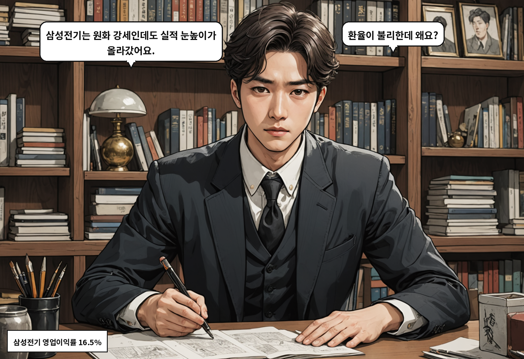 A: 삼성전기는 원화 강세인데도 실적 눈높이가 올라갔어요. B: 환율이 불리한데 왜요?