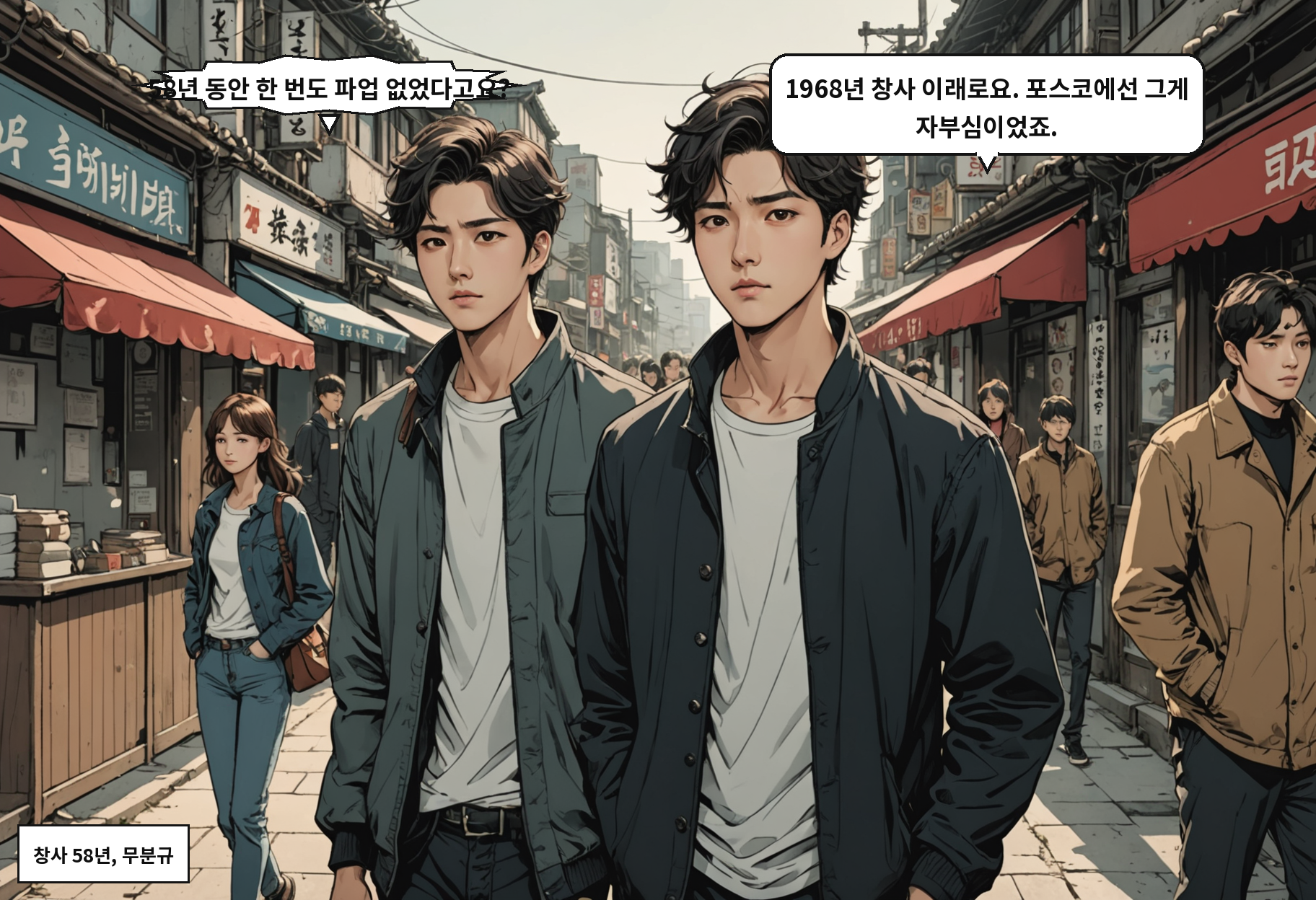 A: 58년 동안 한 번도 파업 없었다고요? B: 1968년 창사 이래로요. 포스코에선 그게 자부심이었죠.