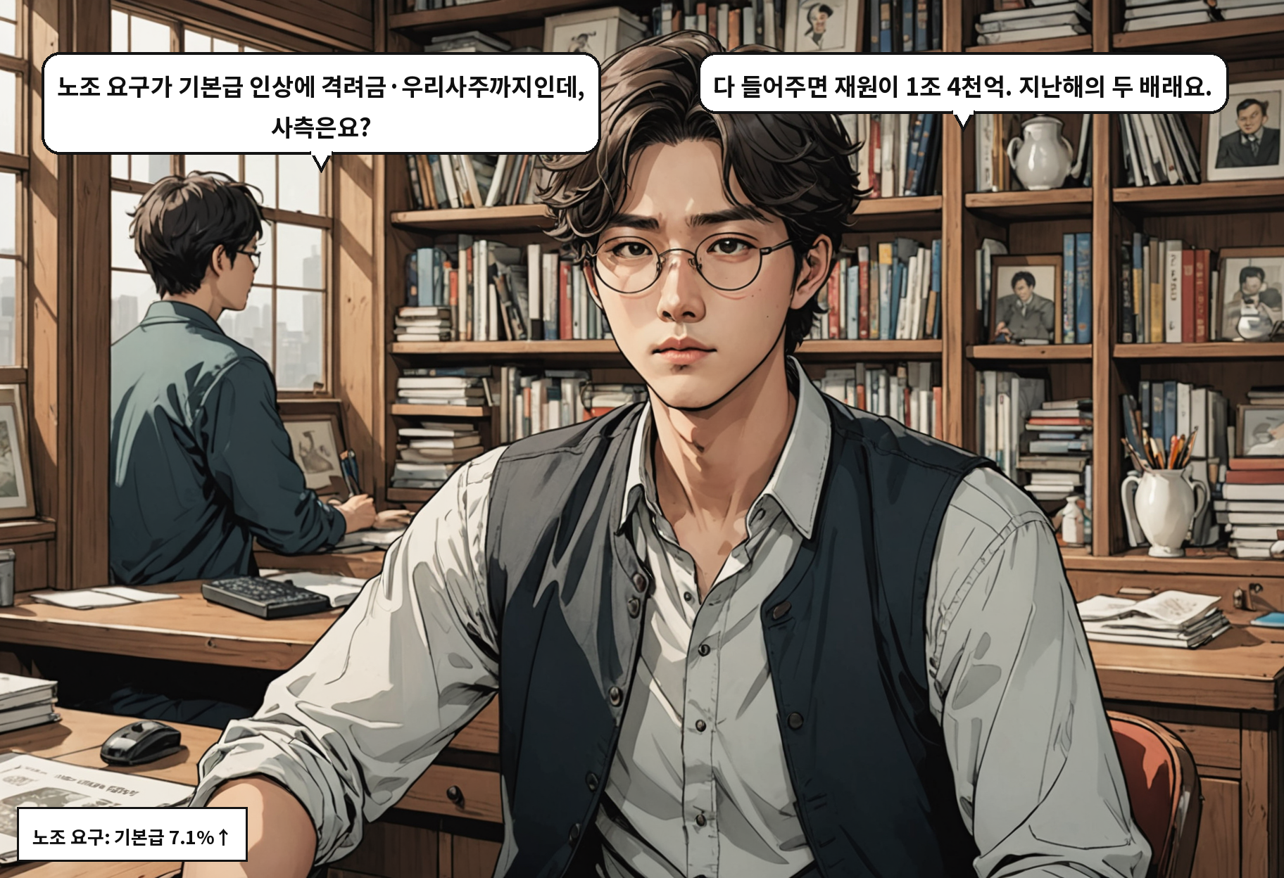 A: 노조 요구가 기본급 인상에 격려금·우리사주까지인데, 사측은요? B: 다 들어주면 재원이 1조 4천억. 지난해의 두 배래요.