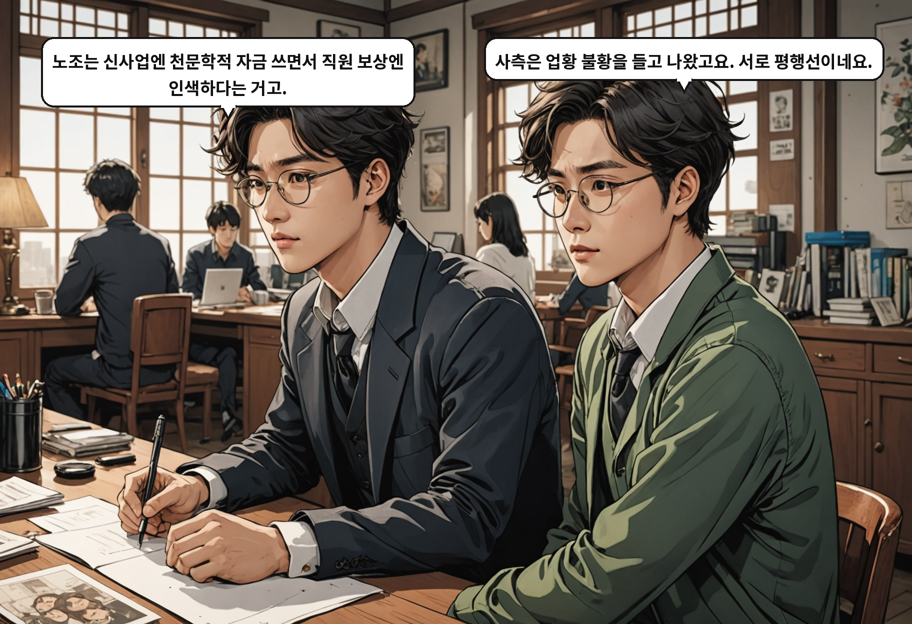 B: 노조는 신사업엔 천문학적 자금 쓰면서 직원 보상엔 인색하다는 거고. A: 사측은 업황 불황을 들고 나왔고요. 서로 평행선이네요.