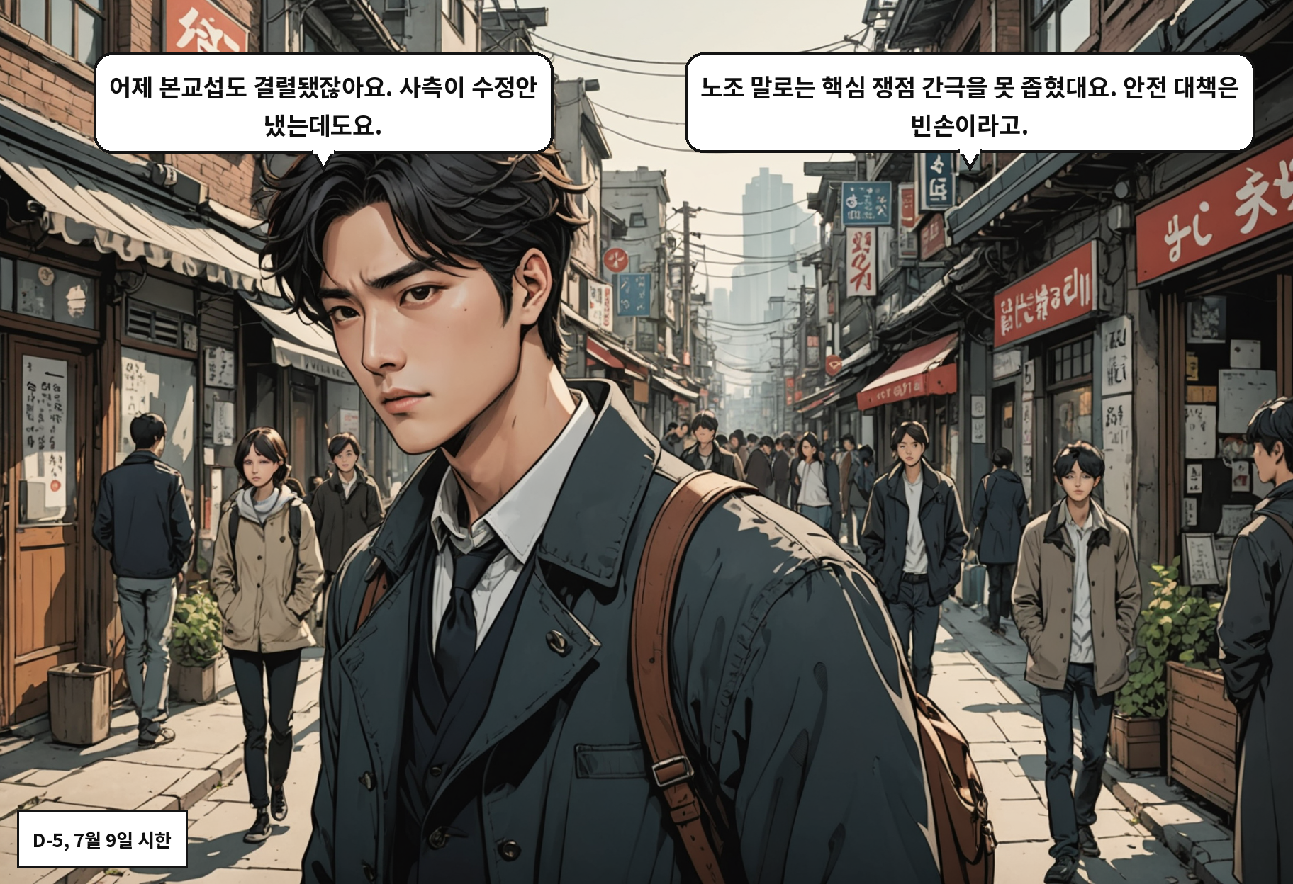 A: 어제 본교섭도 결렬됐잖아요. 사측이 수정안 냈는데도요. B: 노조 말로는 핵심 쟁점 간극을 못 좁혔대요. 안전 대책은 빈손이라고.