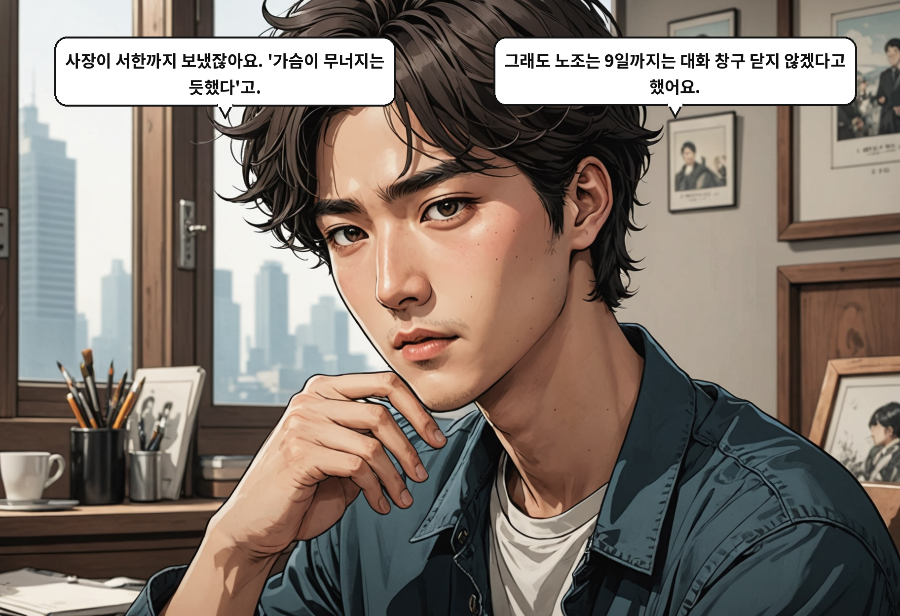 A: 사장이 서한까지 보냈잖아요. '가슴이 무너지는 듯했다'고. B: 그래도 노조는 9일까지는 대화 창구 닫지 않겠다고 했어요.