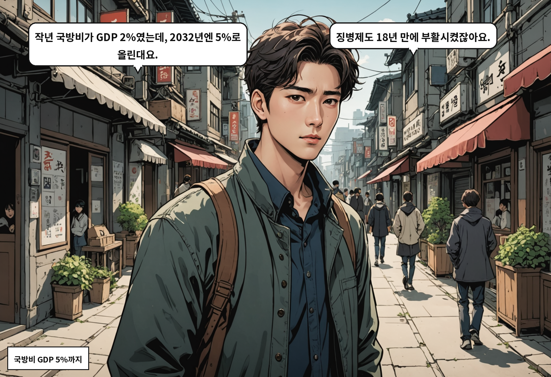B: 작년 국방비가 GDP 2%였는데, 2032년엔 5%로 올린대요. A: 징병제도 18년 만에 부활시켰잖아요.