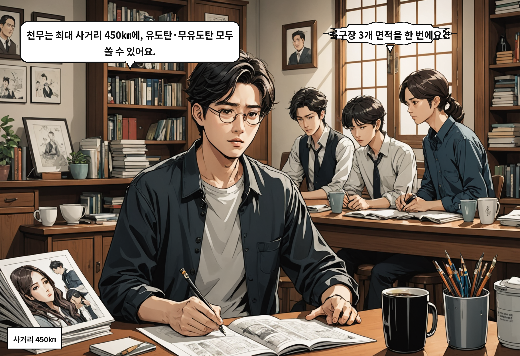 B: 천무는 최대 사거리 450㎞에, 유도탄·무유도탄 모두 쏠 수 있어요. A: 축구장 3개 면적을 한 번에요?!