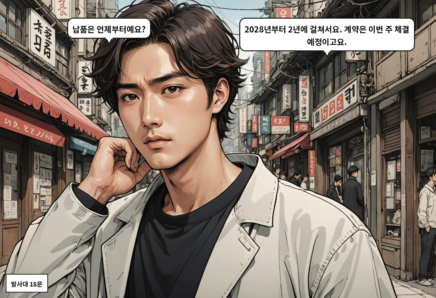 A: 납품은 언제부터예요? B: 2028년부터 2년에 걸쳐서요. 계약은 이번 주 체결 예정이고요.