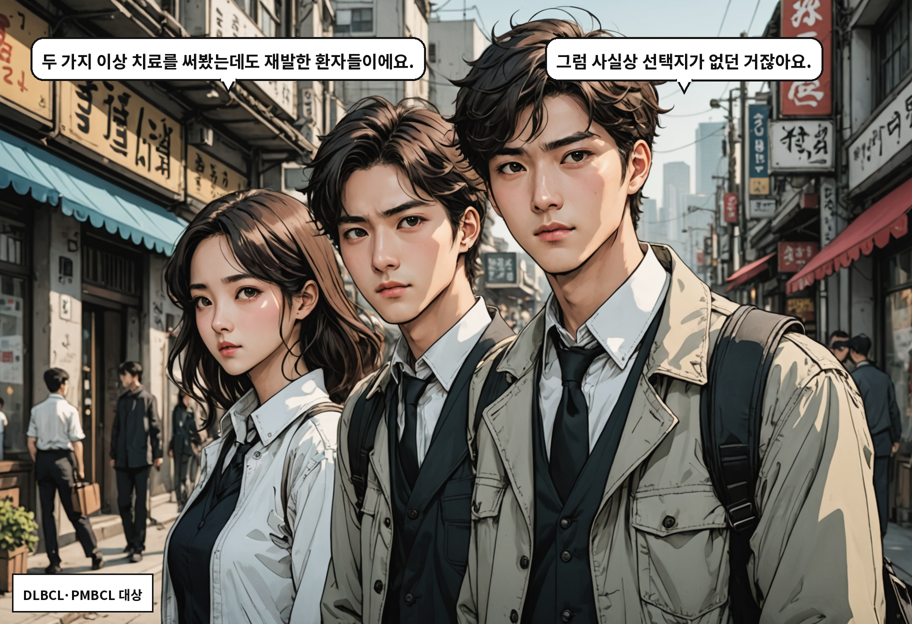 A: 두 가지 이상 치료를 써봤는데도 재발한 환자들이에요. B: 그럼 사실상 선택지가 없던 거잖아요.