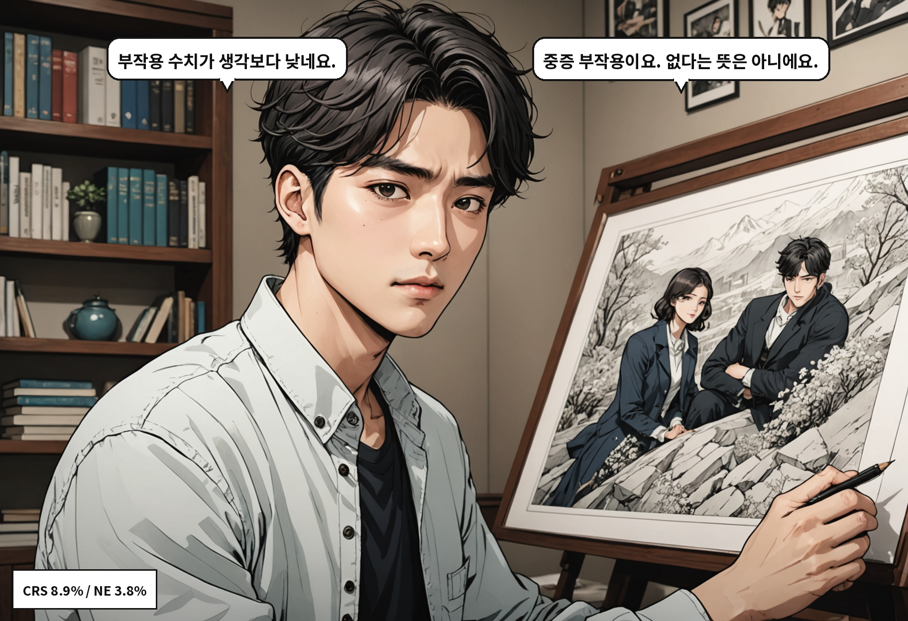 B: 부작용 수치가 생각보다 낮네요. A: 중증 부작용이요. 없다는 뜻은 아니에요.