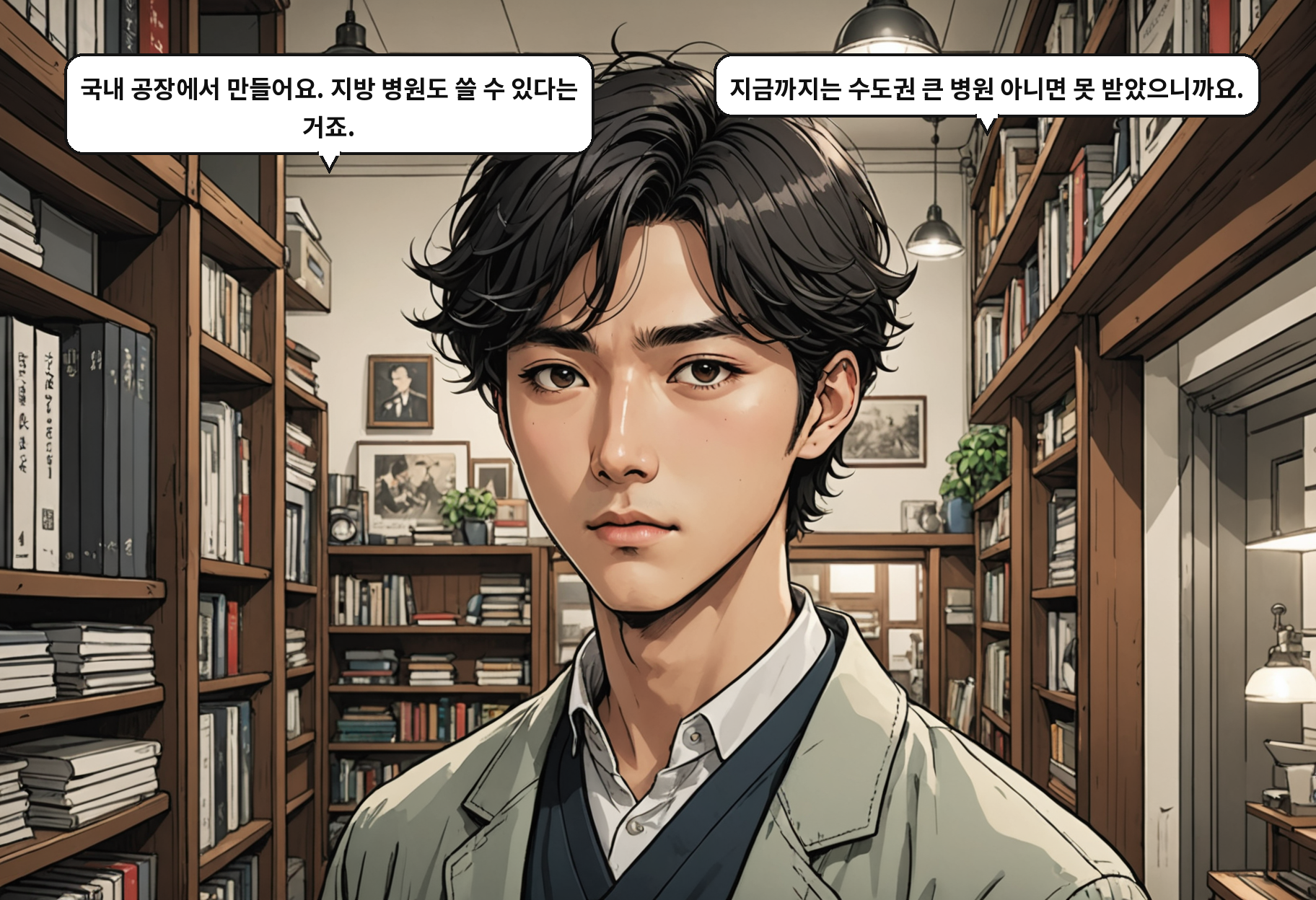 A: 국내 공장에서 만들어요. 지방 병원도 쓸 수 있다는 거죠. B: 지금까지는 수도권 큰 병원 아니면 못 받았으니까요.