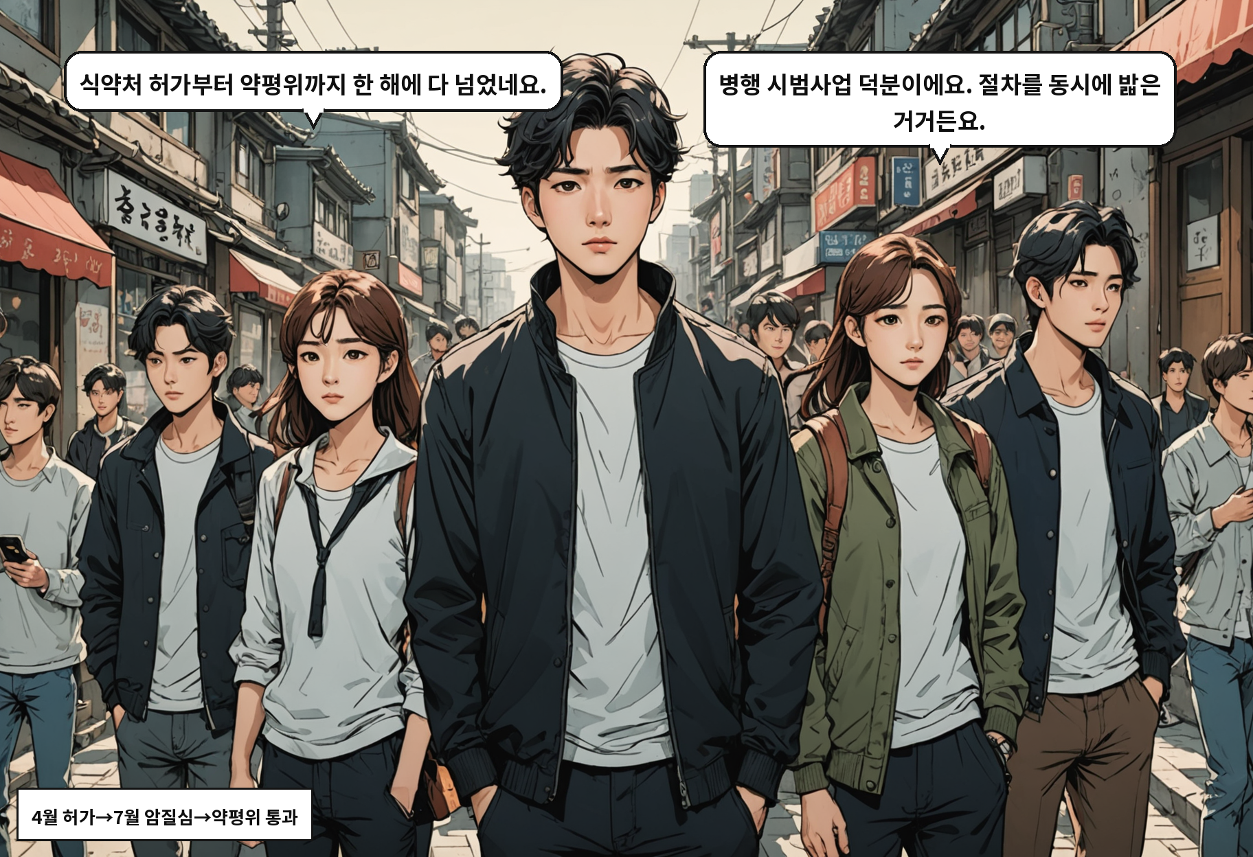 B: 식약처 허가부터 약평위까지 한 해에 다 넘었네요. A: 병행 시범사업 덕분이에요. 절차를 동시에 밟은 거거든요.