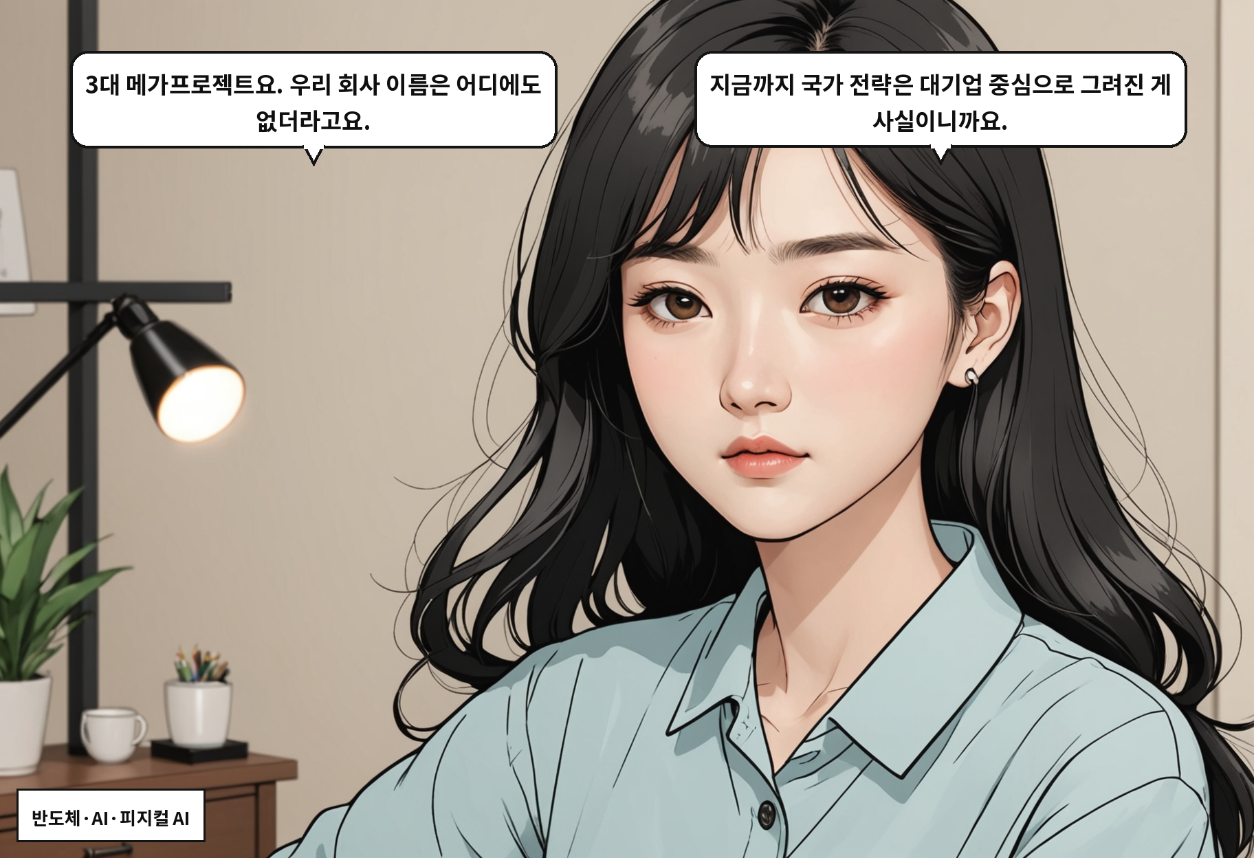 A: 3대 메가프로젝트요. 우리 회사 이름은 어디에도 없더라고요. B: 지금까지 국가 전략은 대기업 중심으로 그려진 게 사실이니까요.