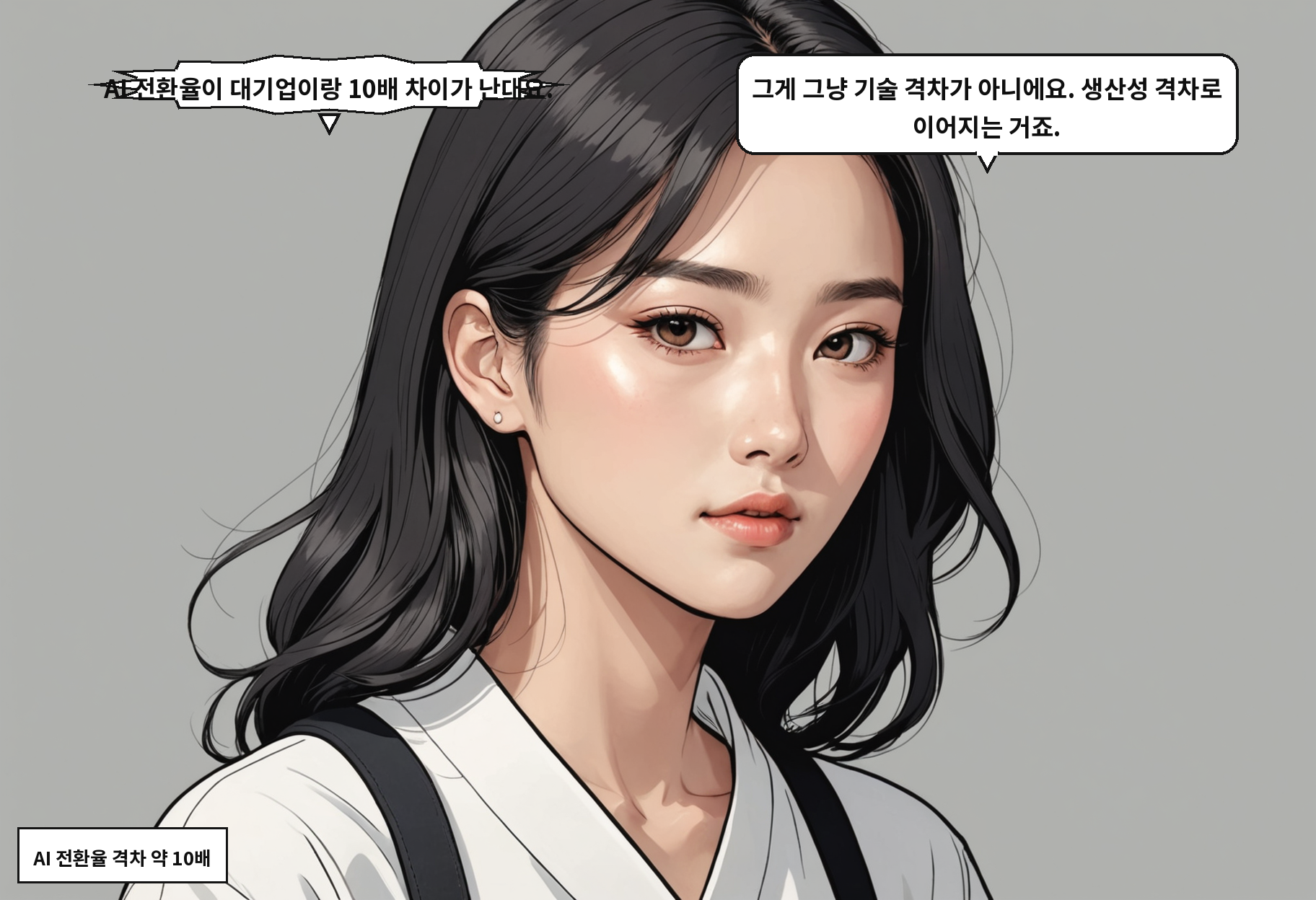A: AI 전환율이 대기업이랑 10배 차이가 난대요. B: 그게 그냥 기술 격차가 아니에요. 생산성 격차로 이어지는 거죠.