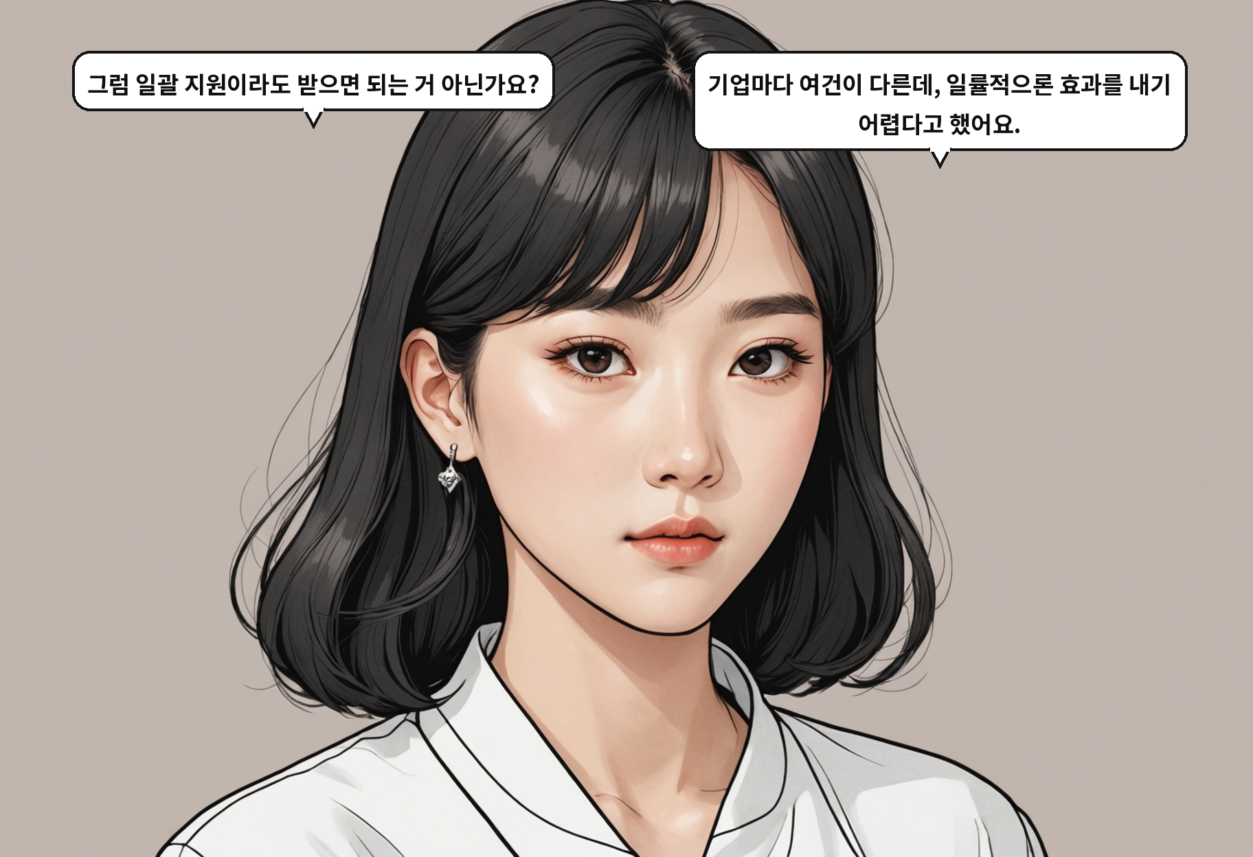 A: 그럼 일괄 지원이라도 받으면 되는 거 아닌가요? B: 기업마다 여건이 다른데, 일률적으론 효과를 내기 어렵다고 했어요.