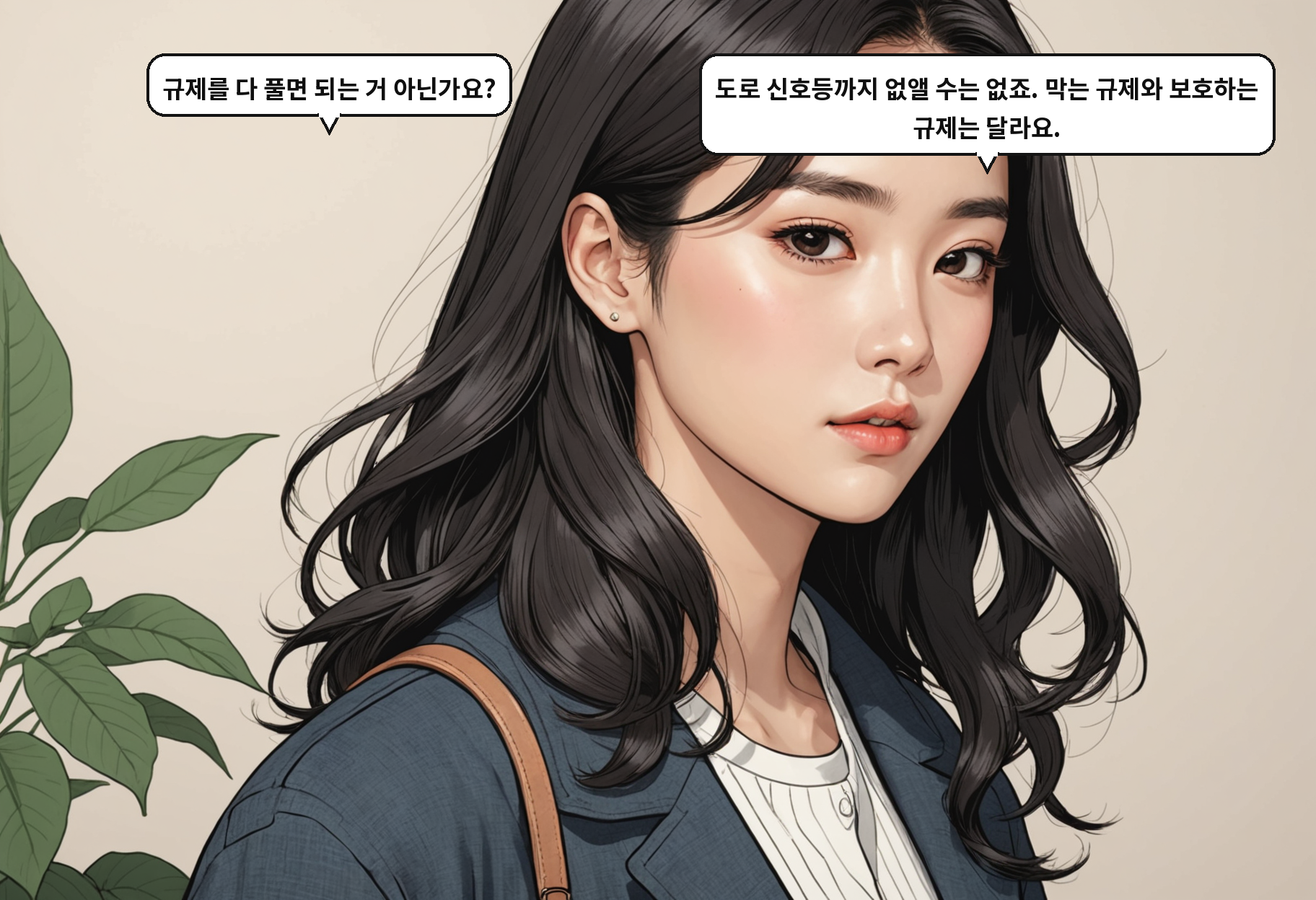 A: 규제를 다 풀면 되는 거 아닌가요? B: 도로 신호등까지 없앨 수는 없죠. 막는 규제와 보호하는 규제는 달라요.