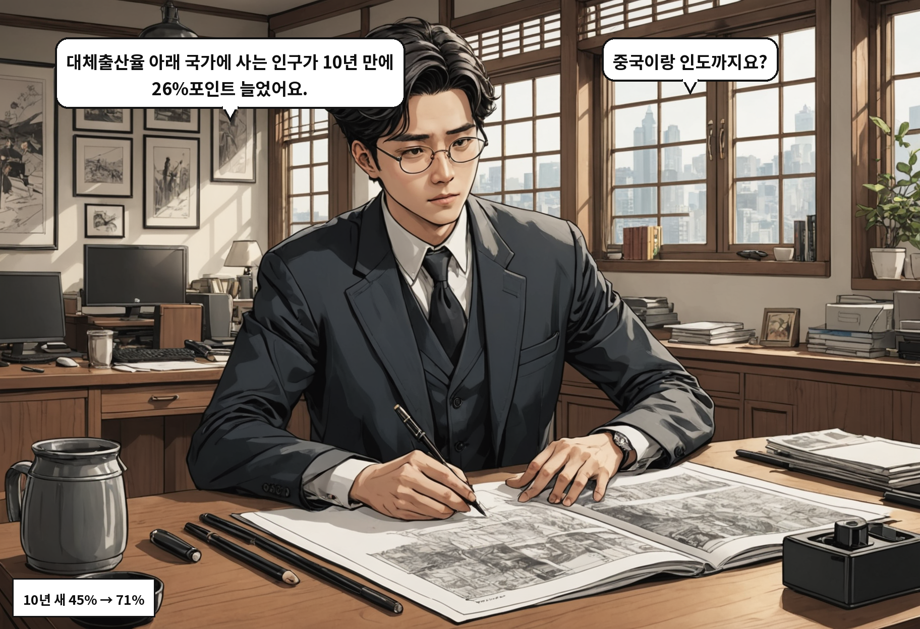 A: 대체출산율 아래 국가에 사는 인구가 10년 만에 26%포인트 늘었어요. B: 중국이랑 인도까지요?
